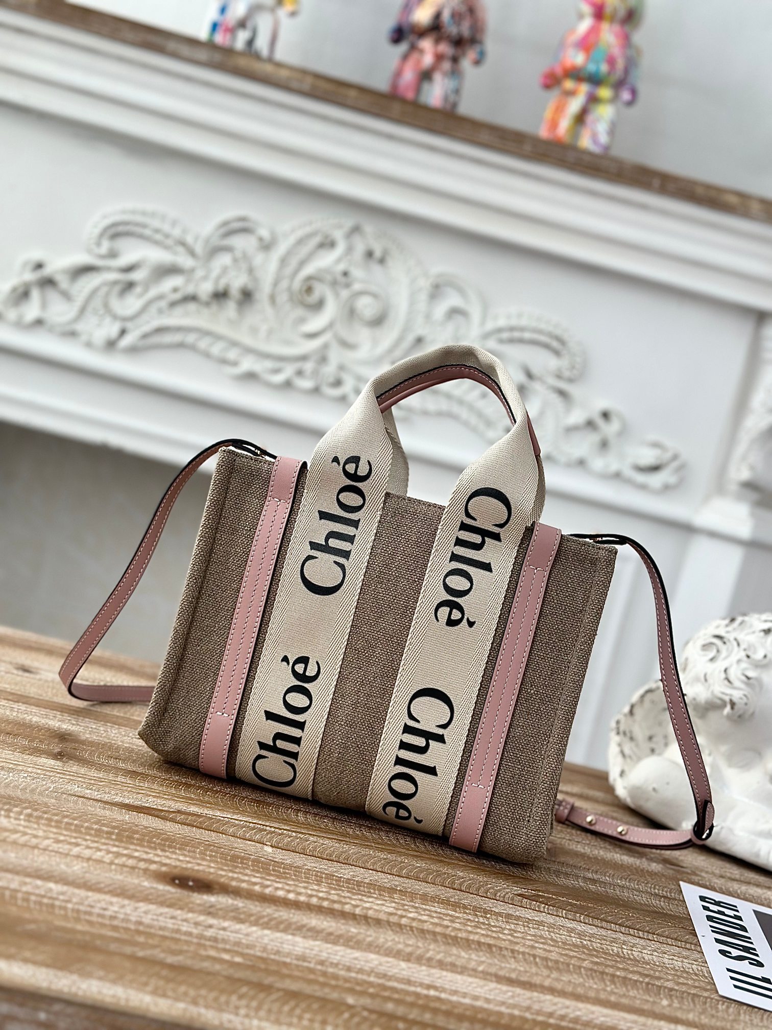 CHLOE Cotton Calfskin Small Woody Ribbon Tote With Strap White Pink 1459588 |