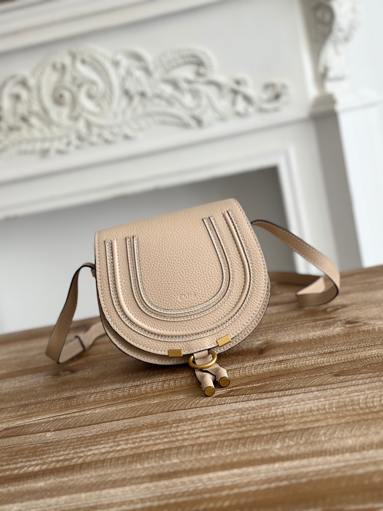 Chloe Beige Leather Mini Marcie Saddle Crossbody Bag
