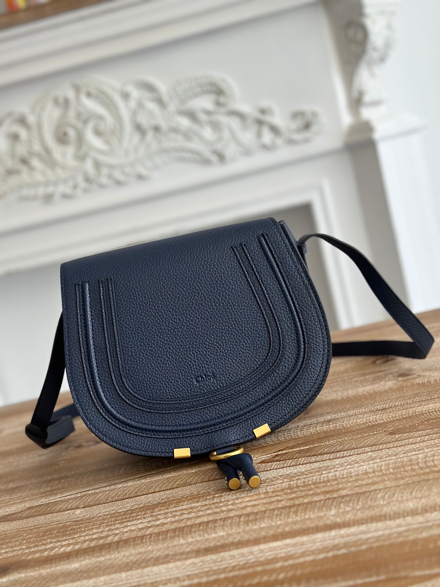 Chloé Chloé Small Marcie Saddle Bag In Grained Leather in Navy |