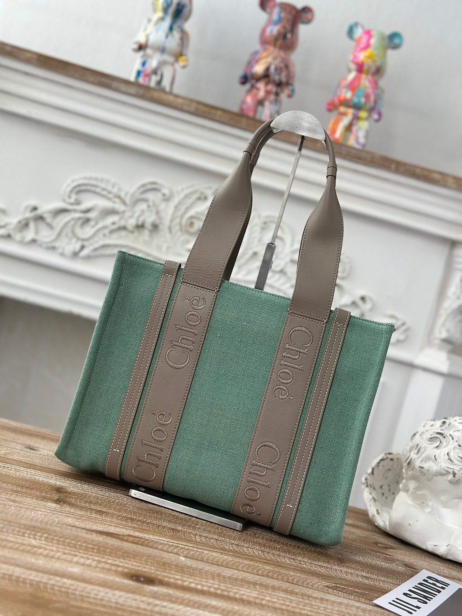 CHLOE Linen Calfskin Medium Woody Ribbon Tote Warm Green