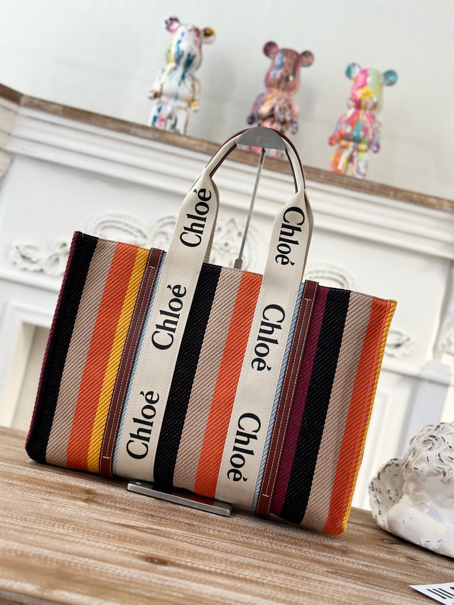 Chloe Multicolor Striped Cotton Medium Woody Tote Bag