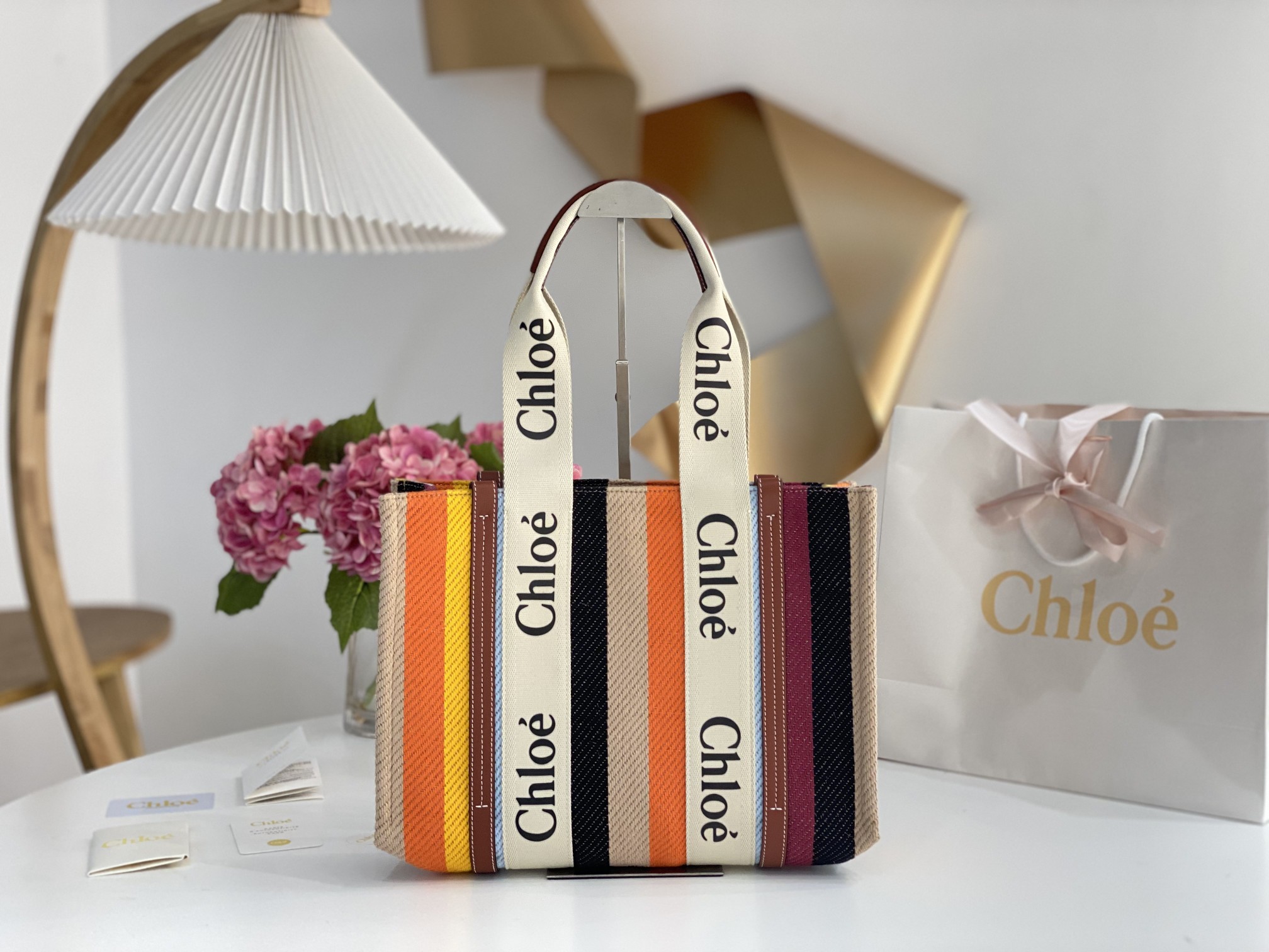 CHLOE Cotton Calfskin Medium Woody Striped Tote Multicolor 1266775