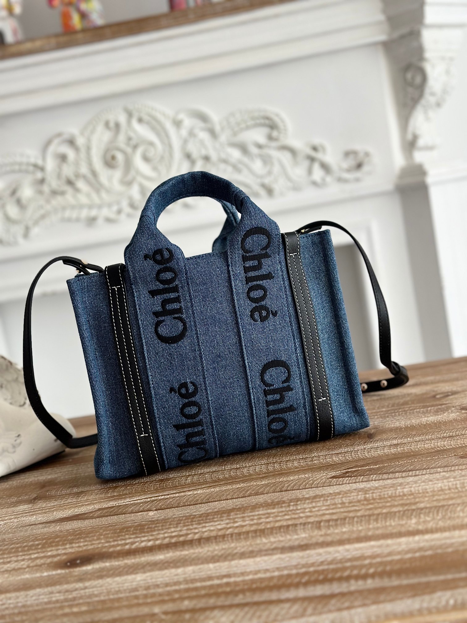 CHLOE Denim Calfskin Small Woody Ribbon Tote With Strapblack