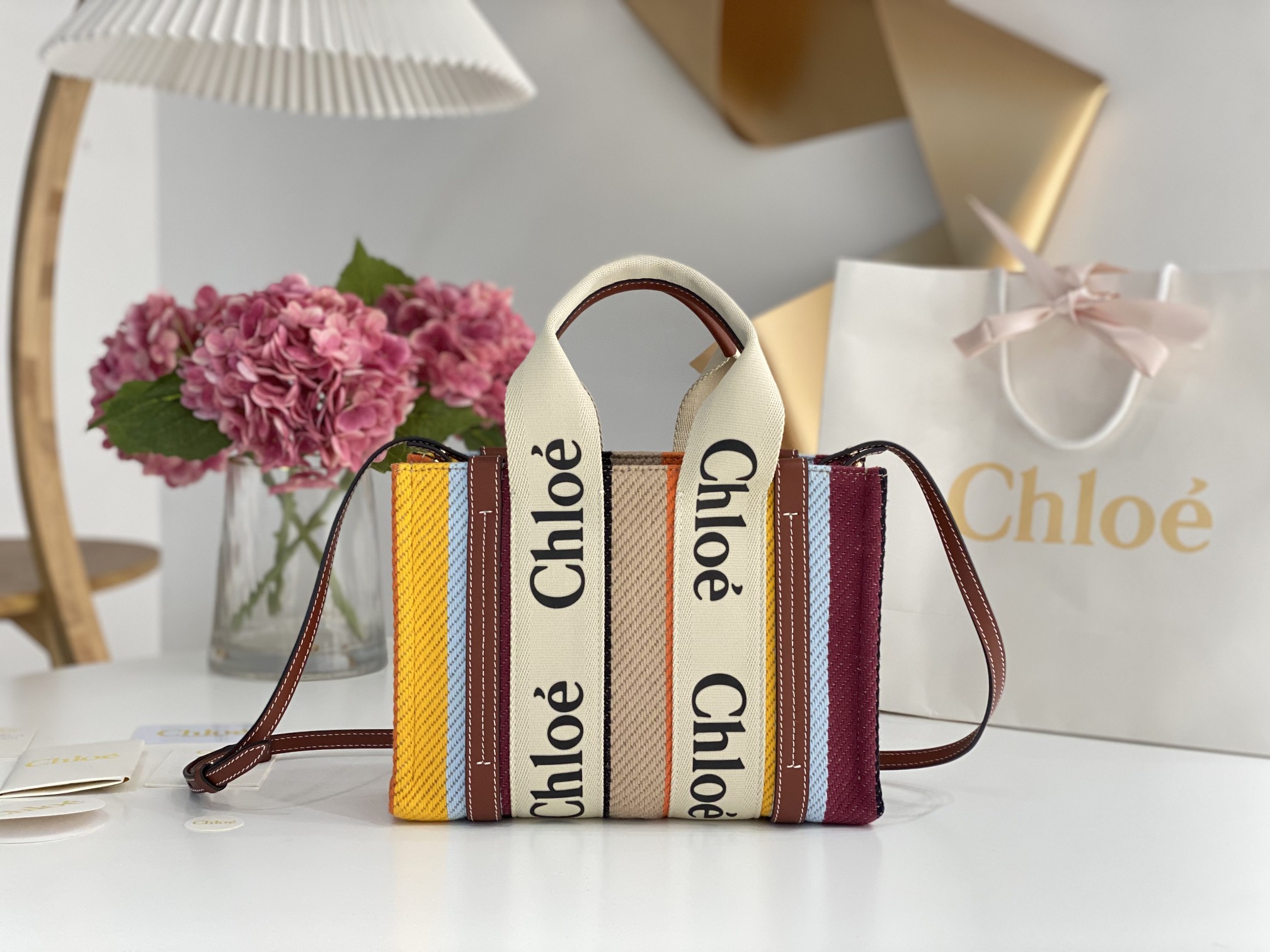 CHLOE Cotton Calfskin Small Woody Striped Ribbon Tote