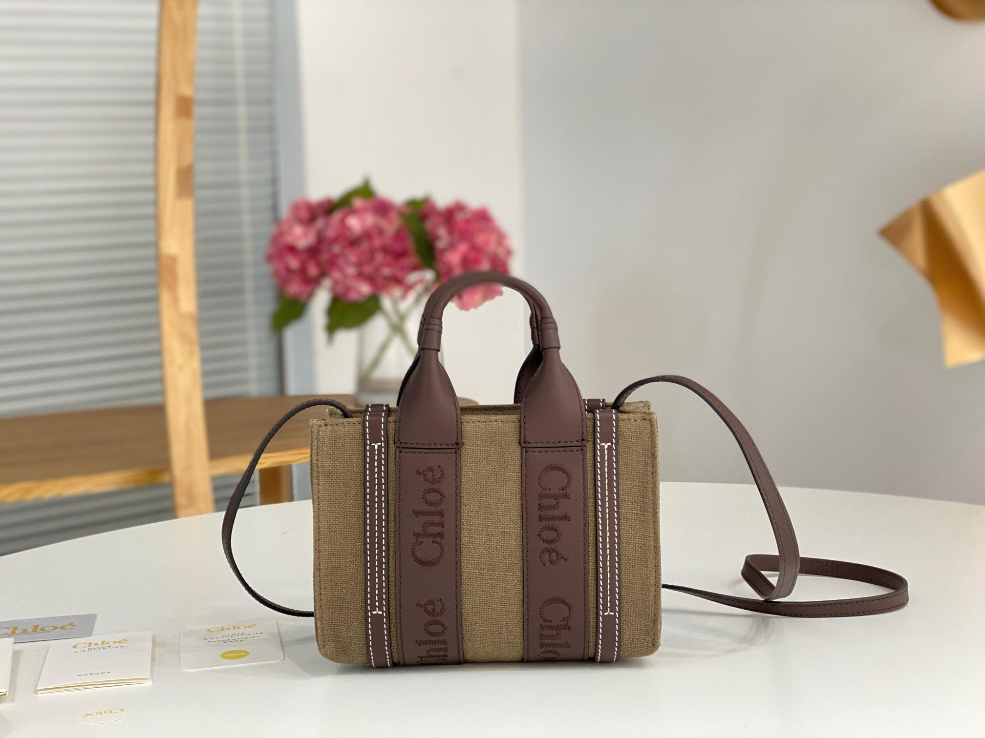 CHLOE Linen Calfskin Small Woody Ribbon Tote With Strap