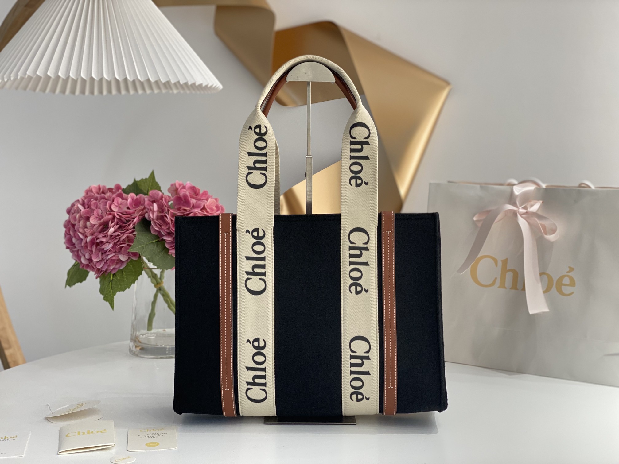 CHLOE Felt Calfskin Large Woody Ribbon Tote Black