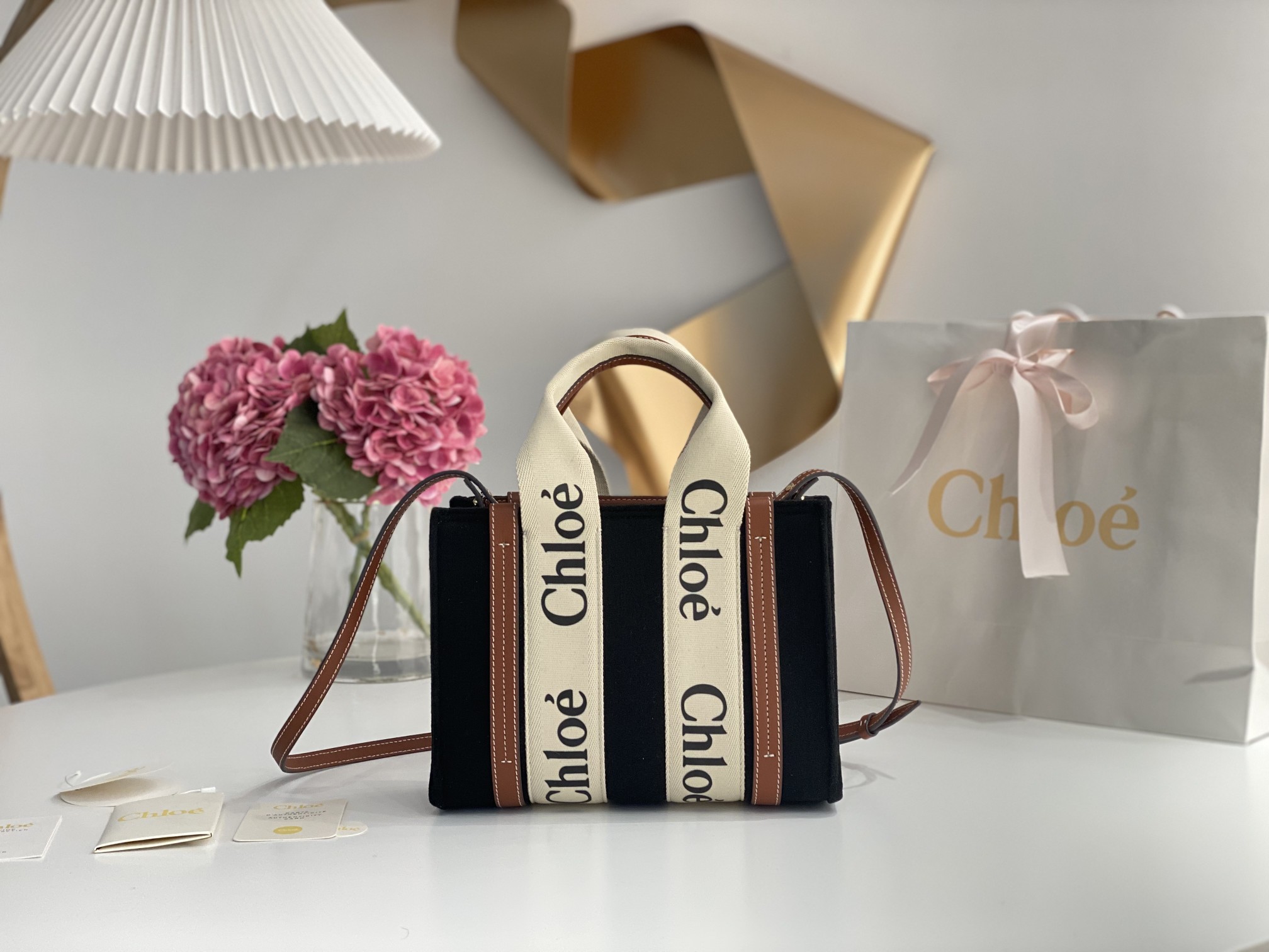 CHLOE Felt Calfskin Large Woody Ribbon Tote Black
