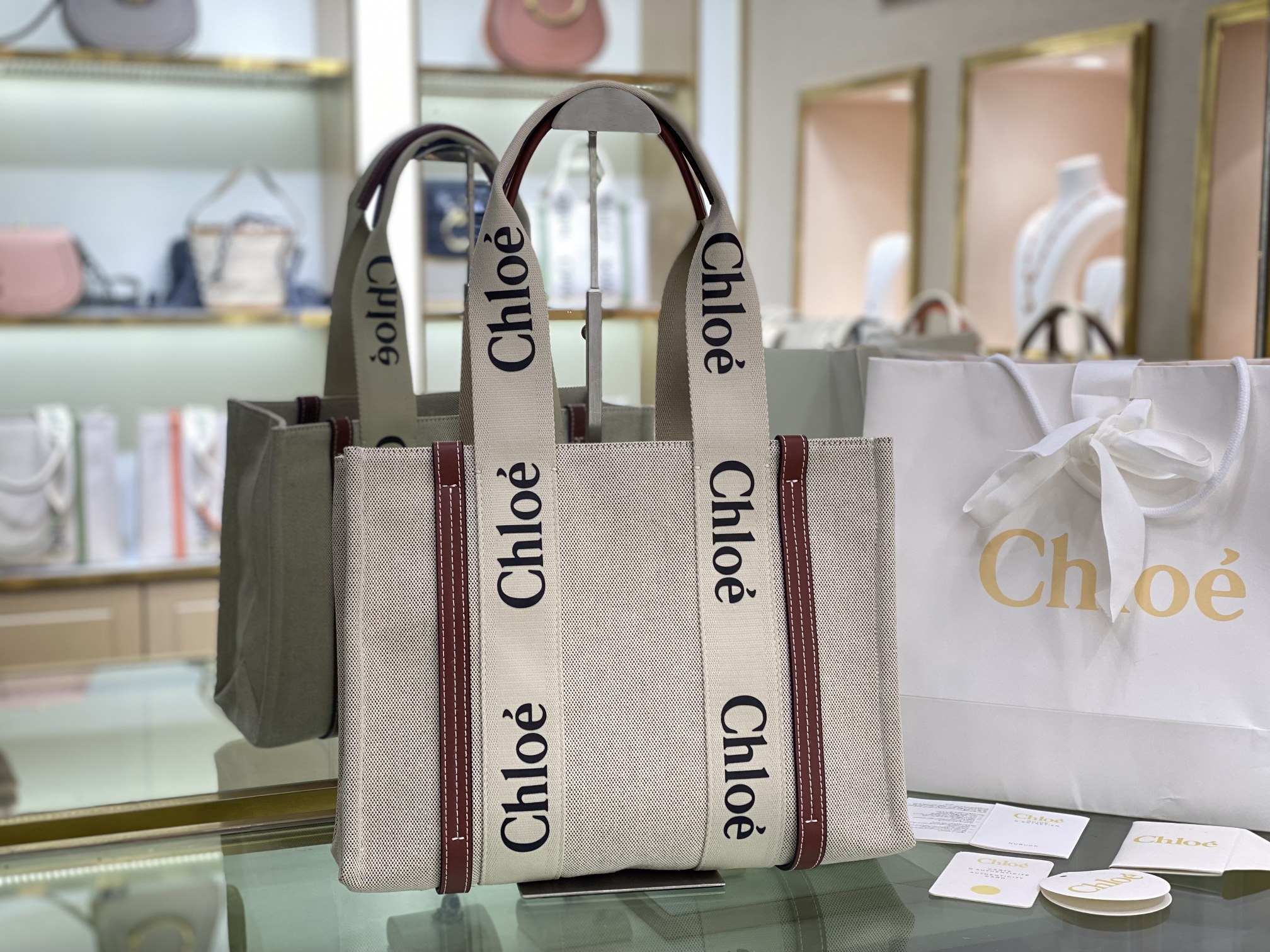 Chloé Chloé Large Woody Tote Bag In Linen in White – Brown | Chloé