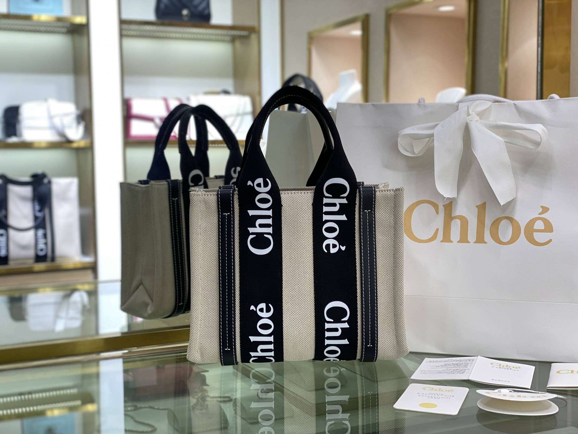 CHLOE Cotton Calfskin Small Woody Ribbon Tote With Strap