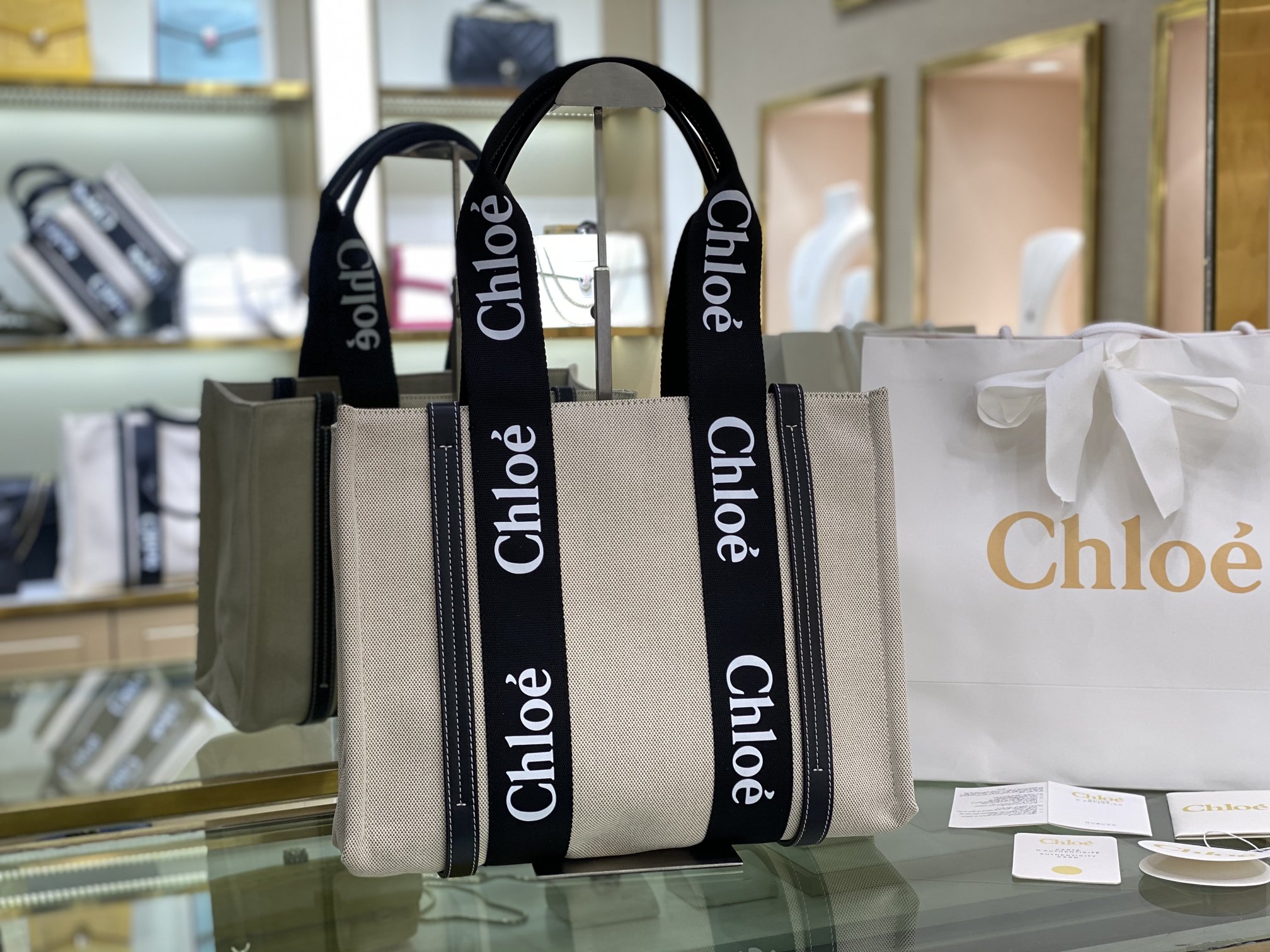 Chloe woody Medium Beige x black Tote bag canvas x leather Chloé 0599
