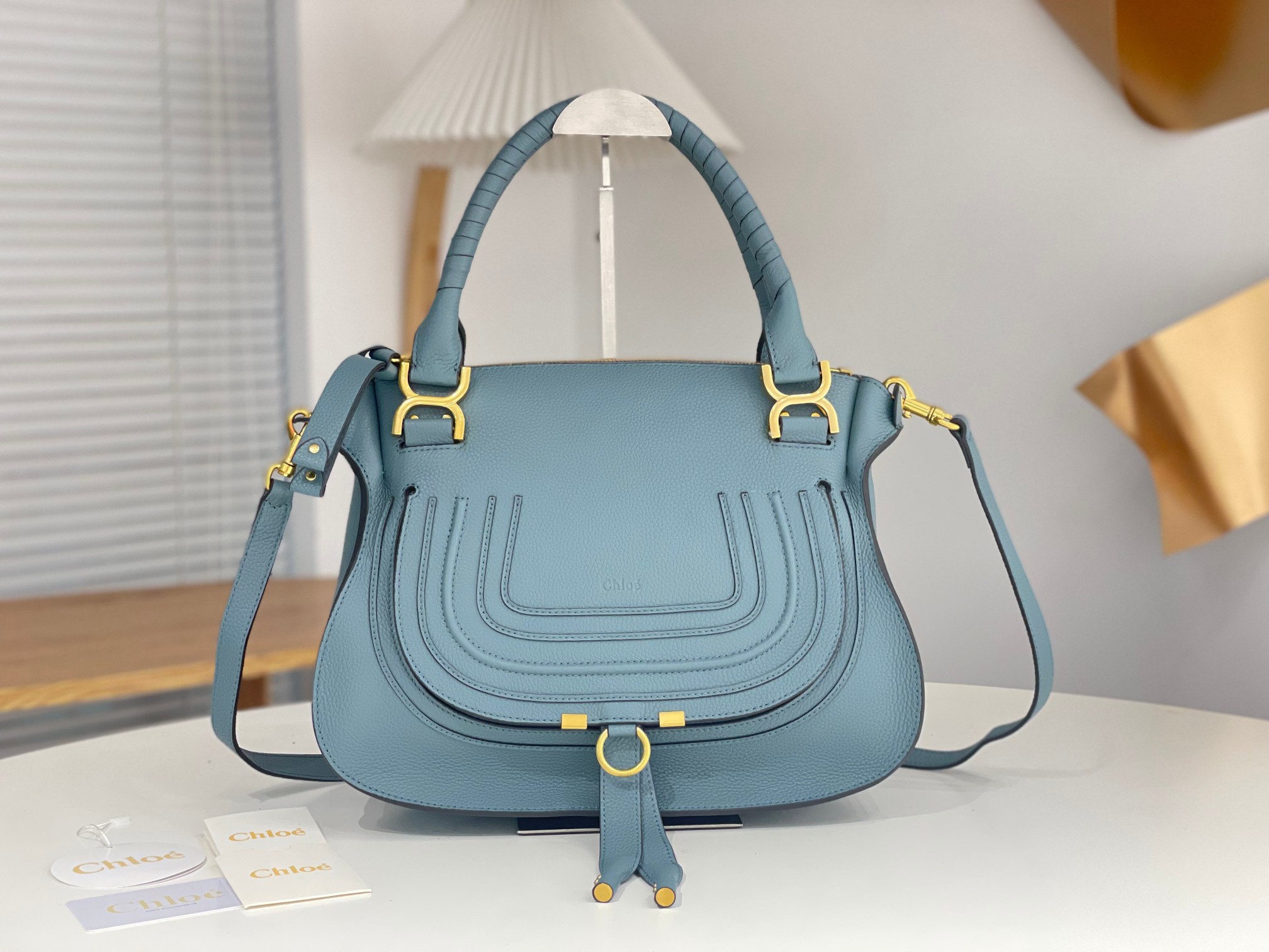CHLOE Calfskin Medium Marcie Satchel Cloudy Blue 378188