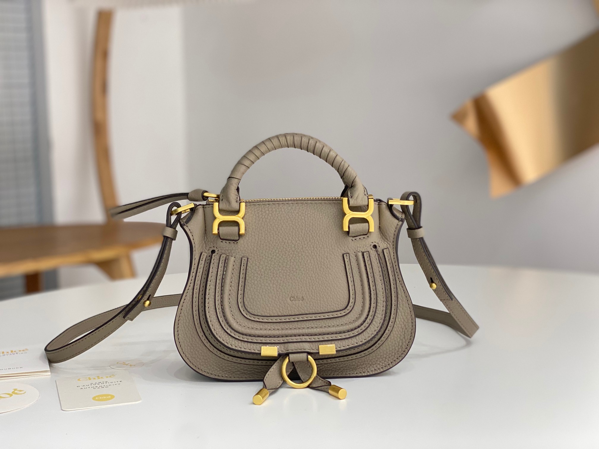Chloé Leather Marcie Mini – Grey Handle Bags, Handbags –