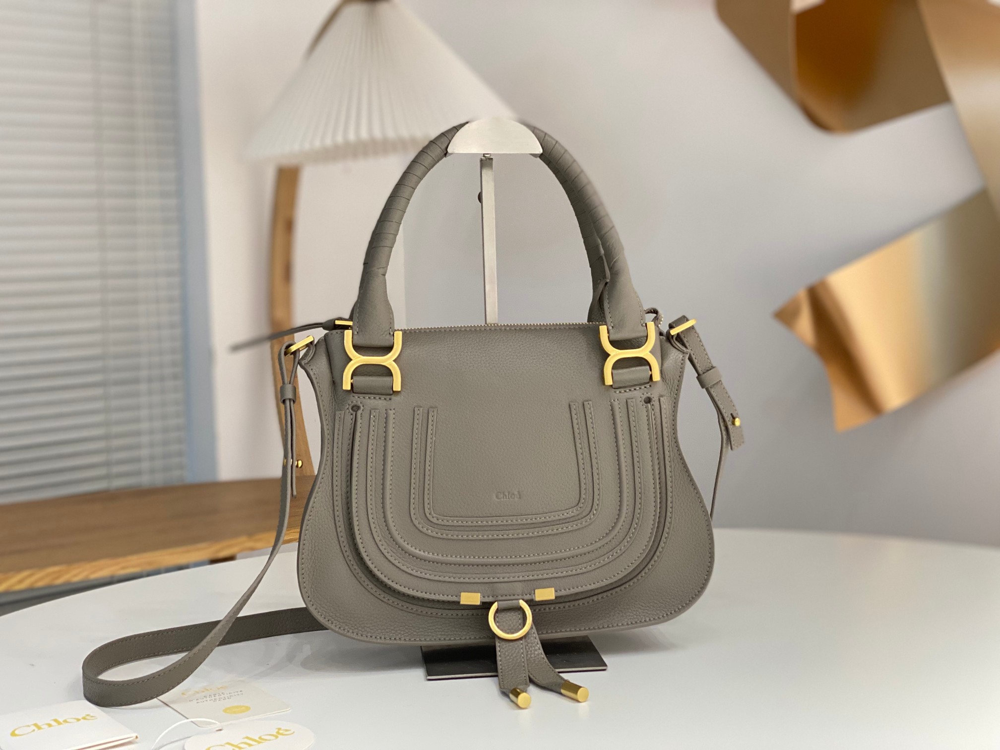 CHLOE Calfskin Small Marcie Satchel Cashmere Grey 109018