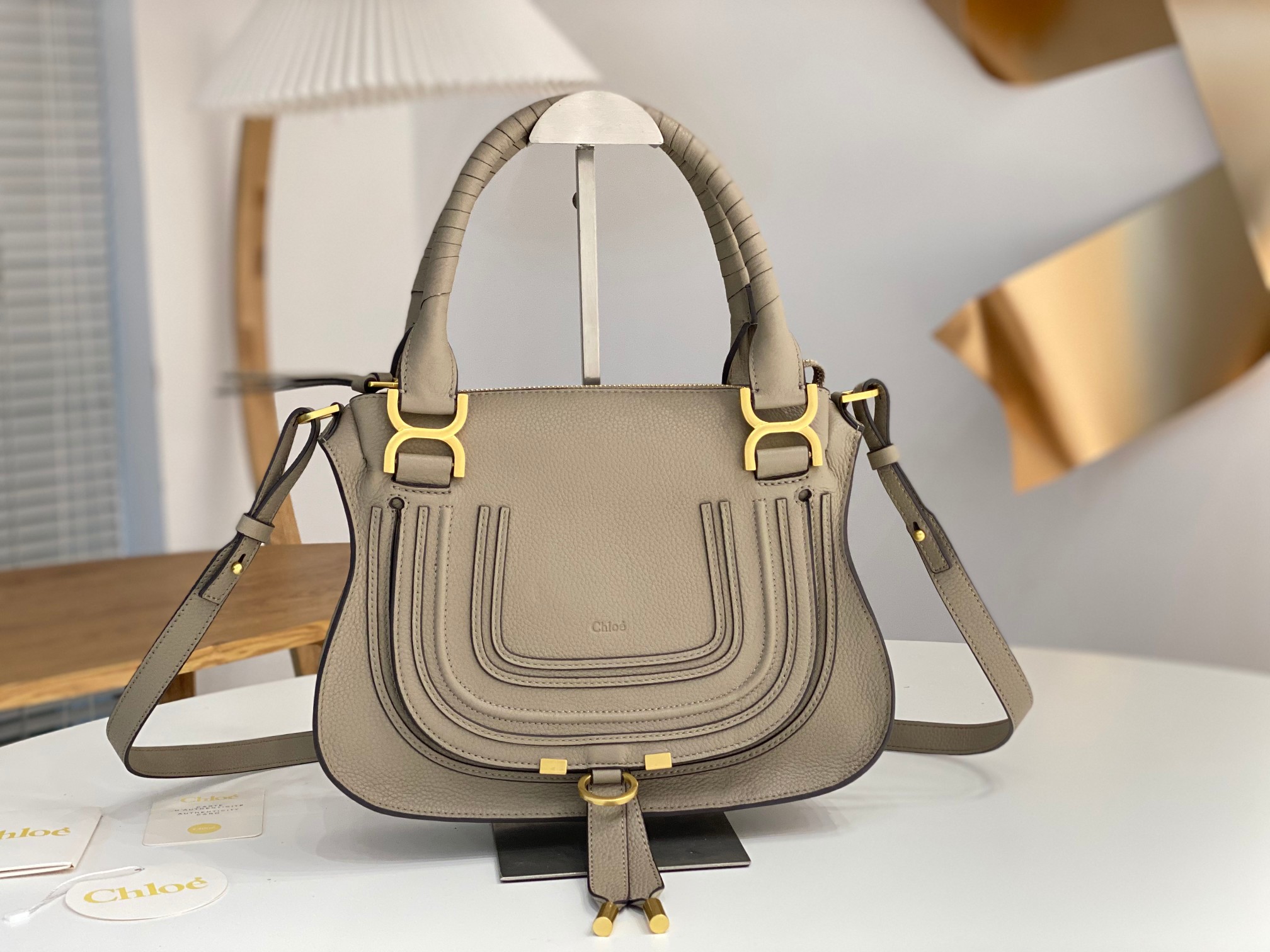 CHLOE Calfskin Small Marcie Satchel Cashmere Grey