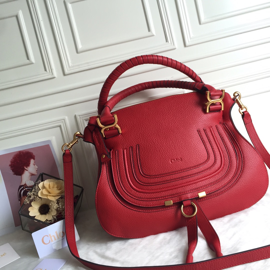 Chloe Marcie Leather Handbag 2Way Shoulder Bag Red Gold