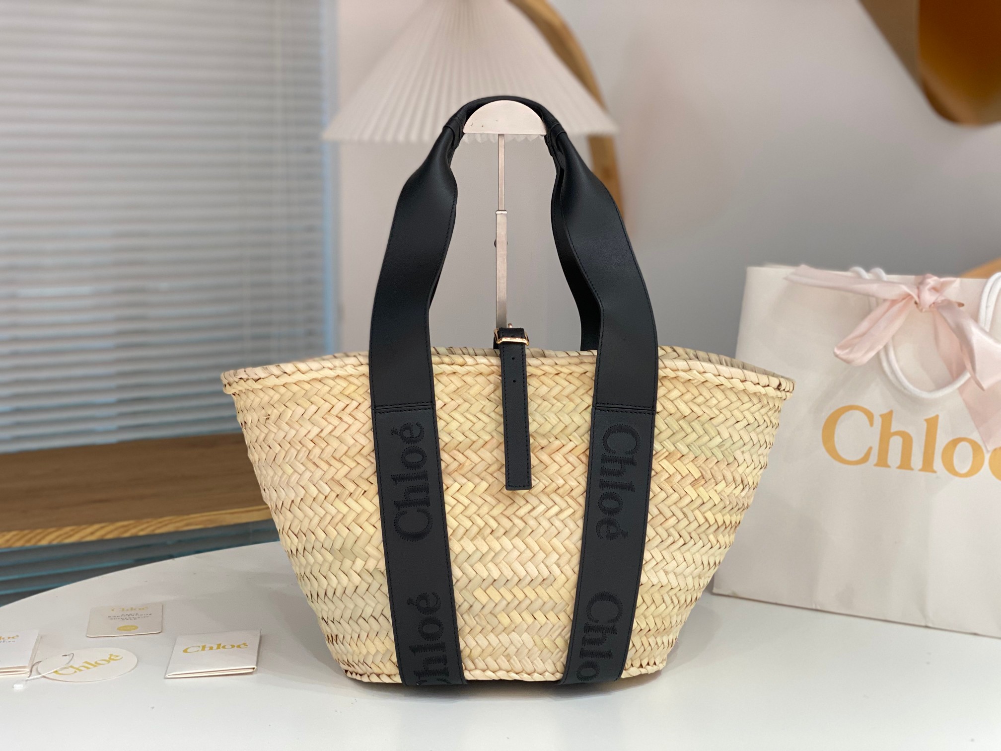 Chloé Sense Basket Tote Bag Black Straw ref.1553730