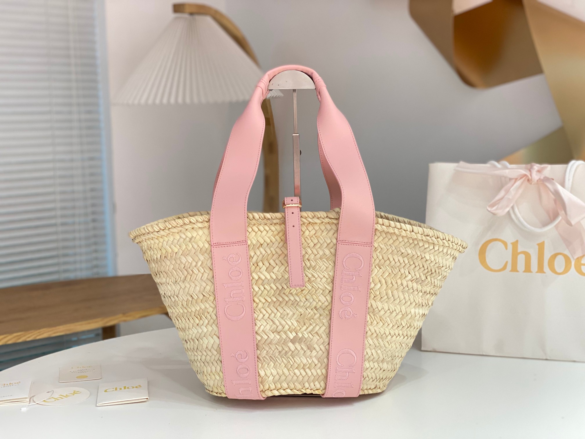 Chloé Pink Chloé Sense Medium Basket Bag in Raffia