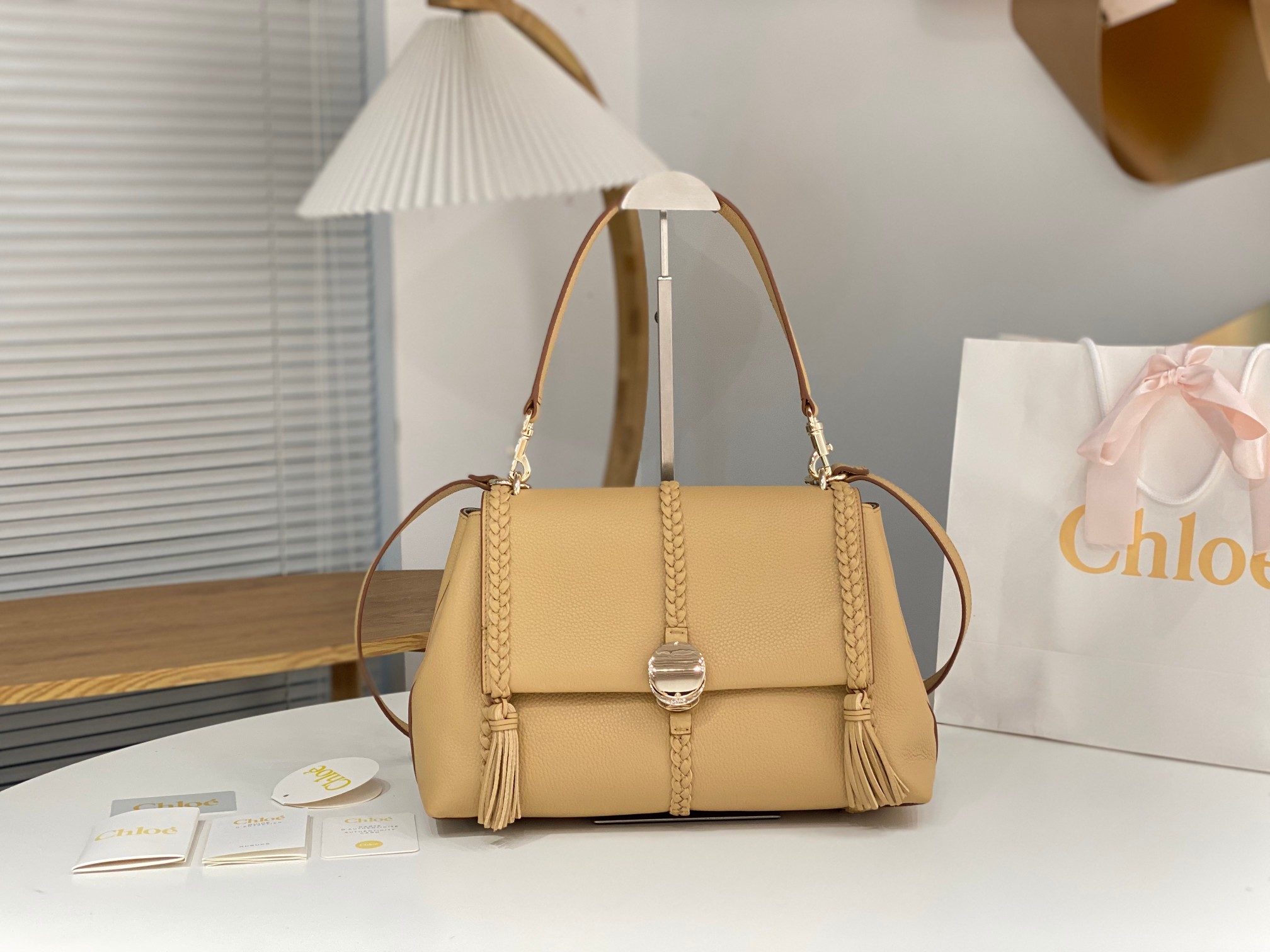 CHLOE Grained Calfskin Medium Penelope Shoulder Bag brown