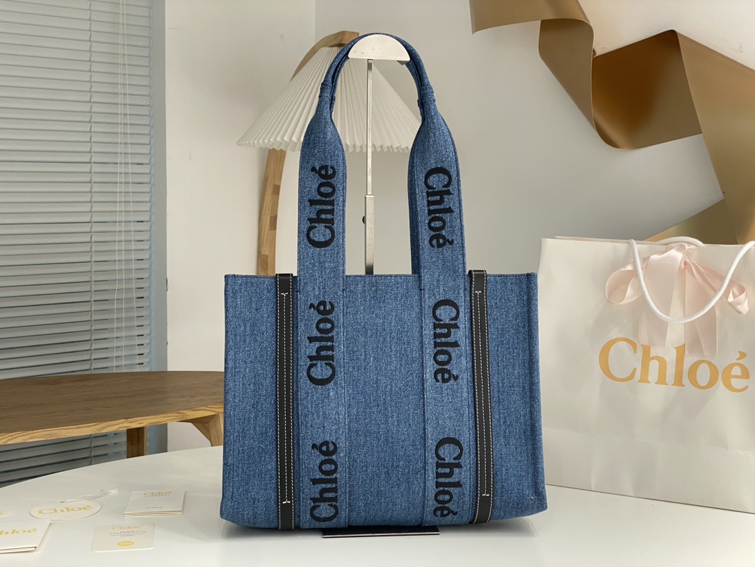 CHLOE Denim Calfskin Large Woody Ribbon Tote Blue