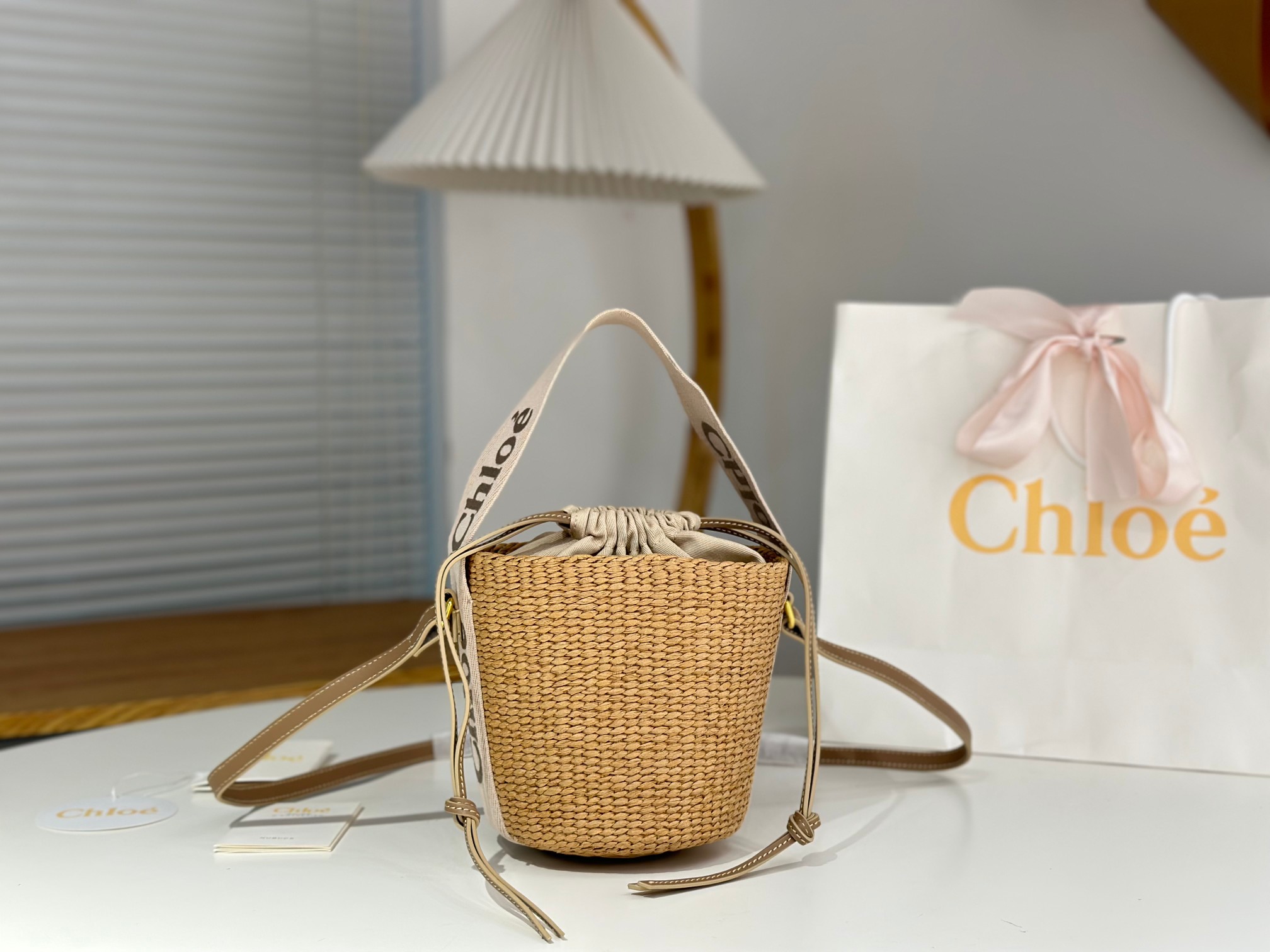Chloé Small Woody Tote Bag In Natural Fibers in Blushy beige |
