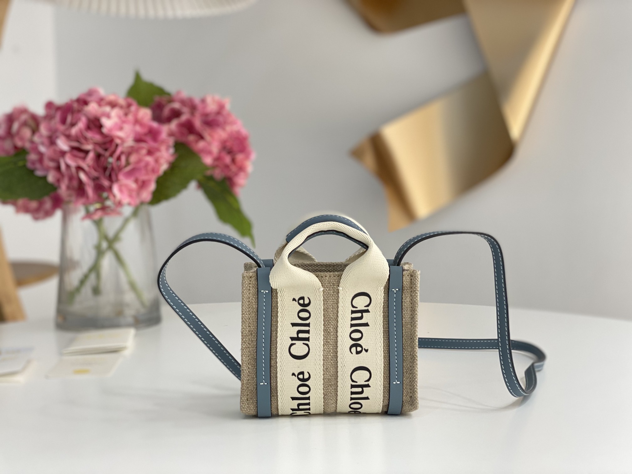CHLOE Cotton Calfskin Nano Woody Ribbon Tote White blue.