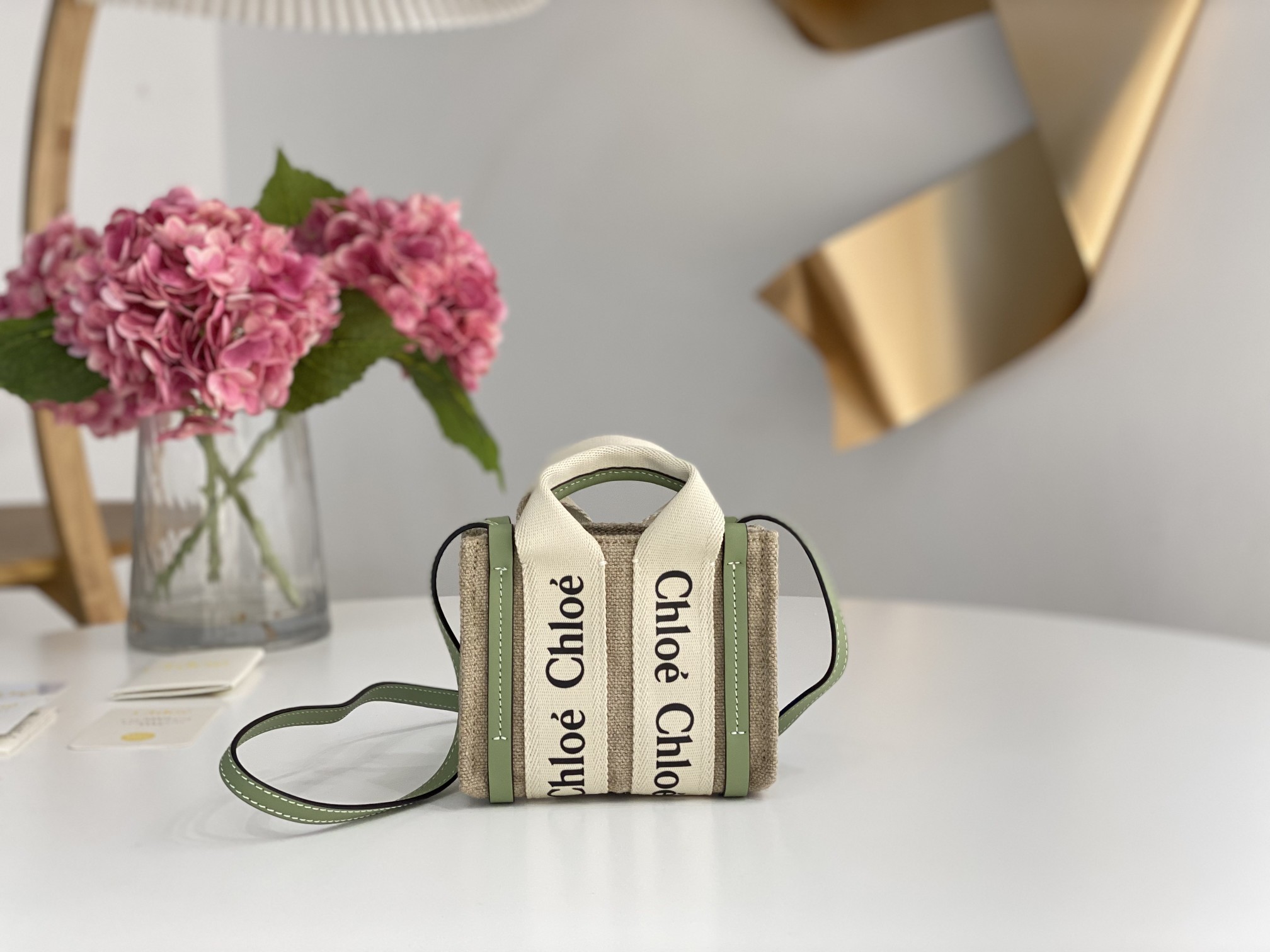 CHLOE Cotton Calfskin Nano Woody Ribbon Tote White green