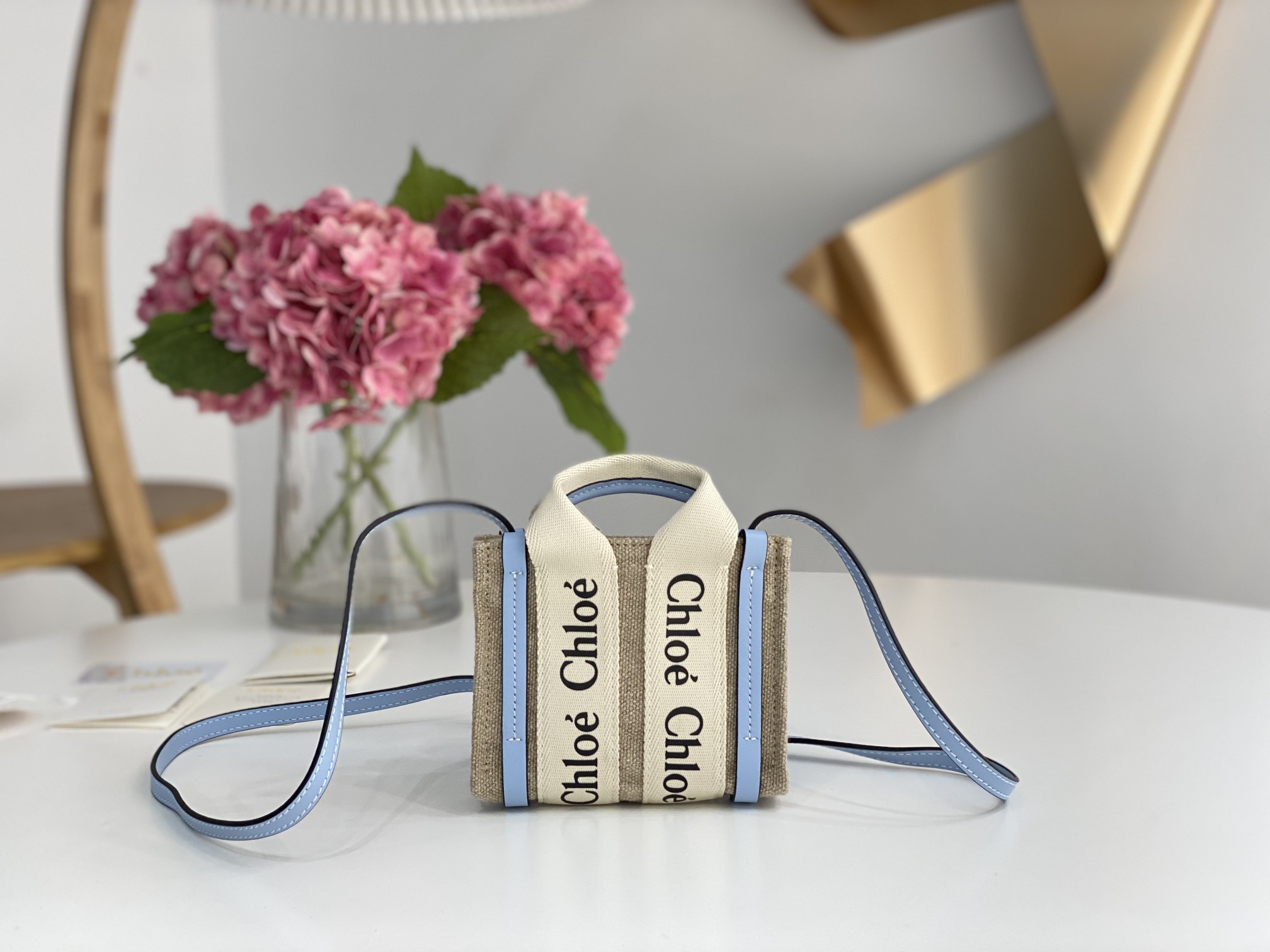 CHLOE Cotton Calfskin Nano Woody Ribbon Tote With Strap blue