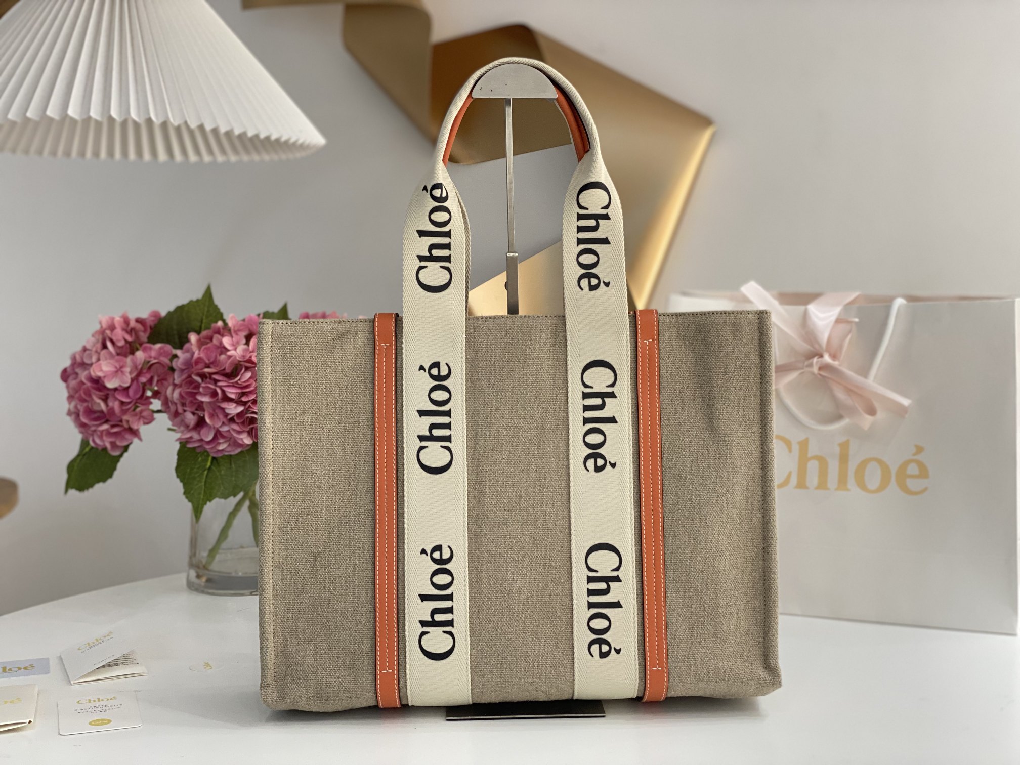 CHLOE Cotton Calfskin Medium Woody Ribbon Tote Terracotta tote bag in orange