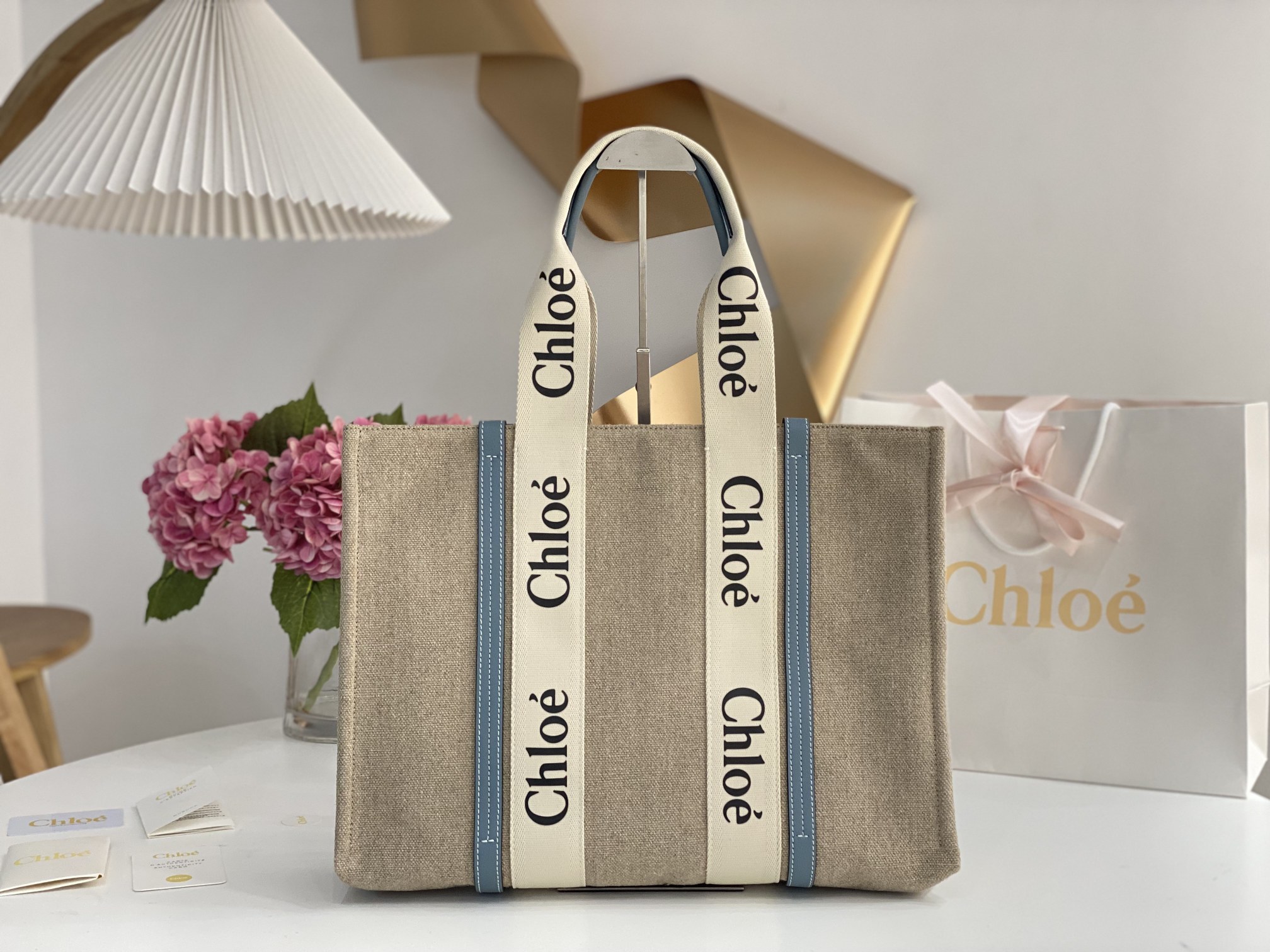 CHLOE Linen Calfskin Medium Woody Ribbon Tote White Light blue
