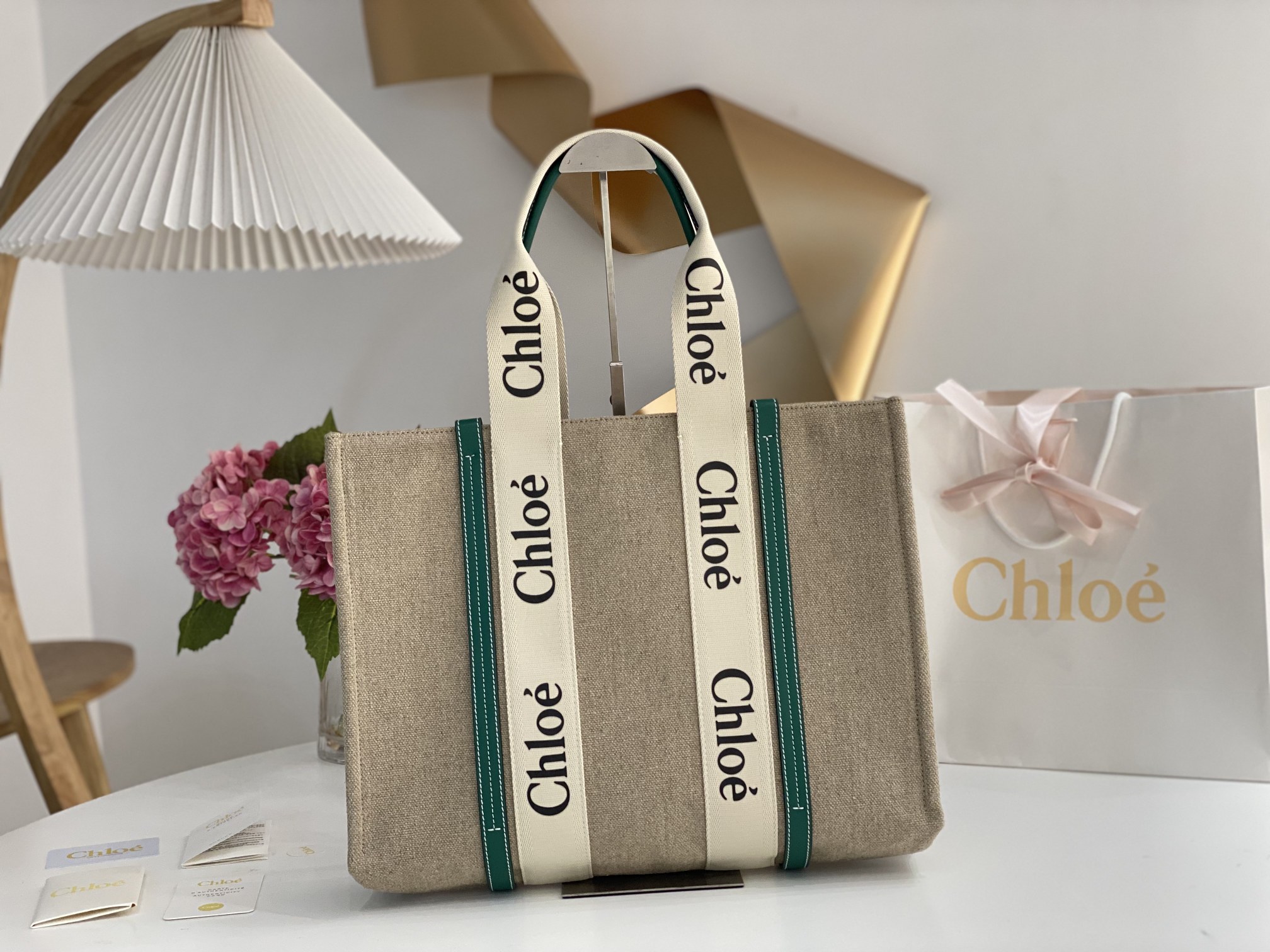 Chloe Ivory Green Woody Medium Tote Bag