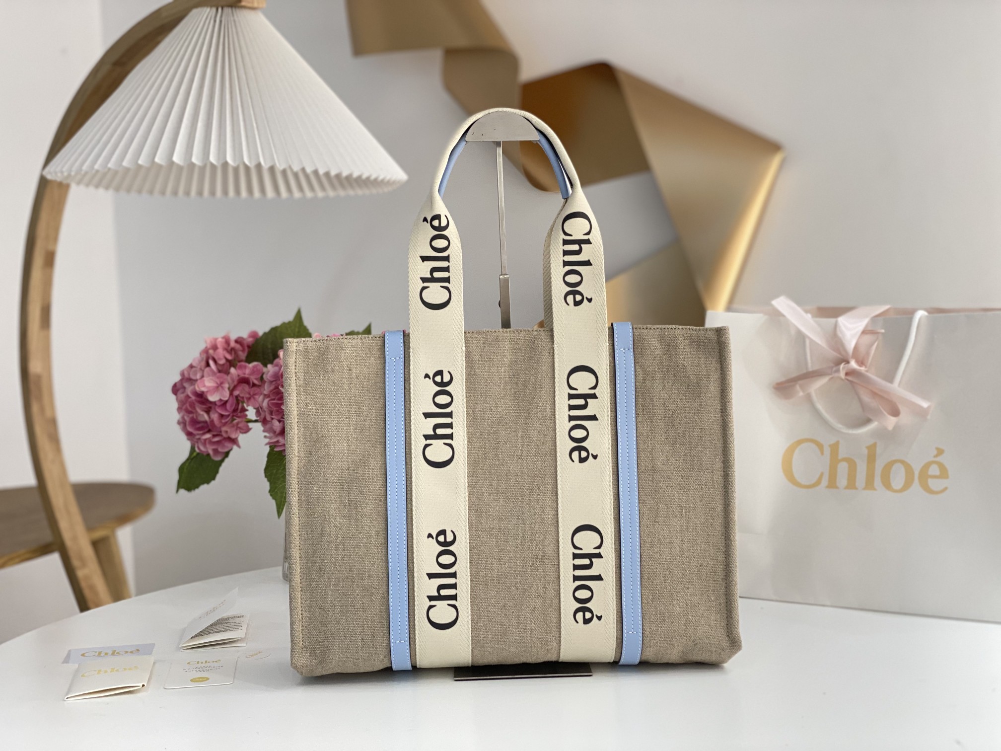 CHLOE Linen Calfskin Medium Woody Ribbon Tote White Light blue