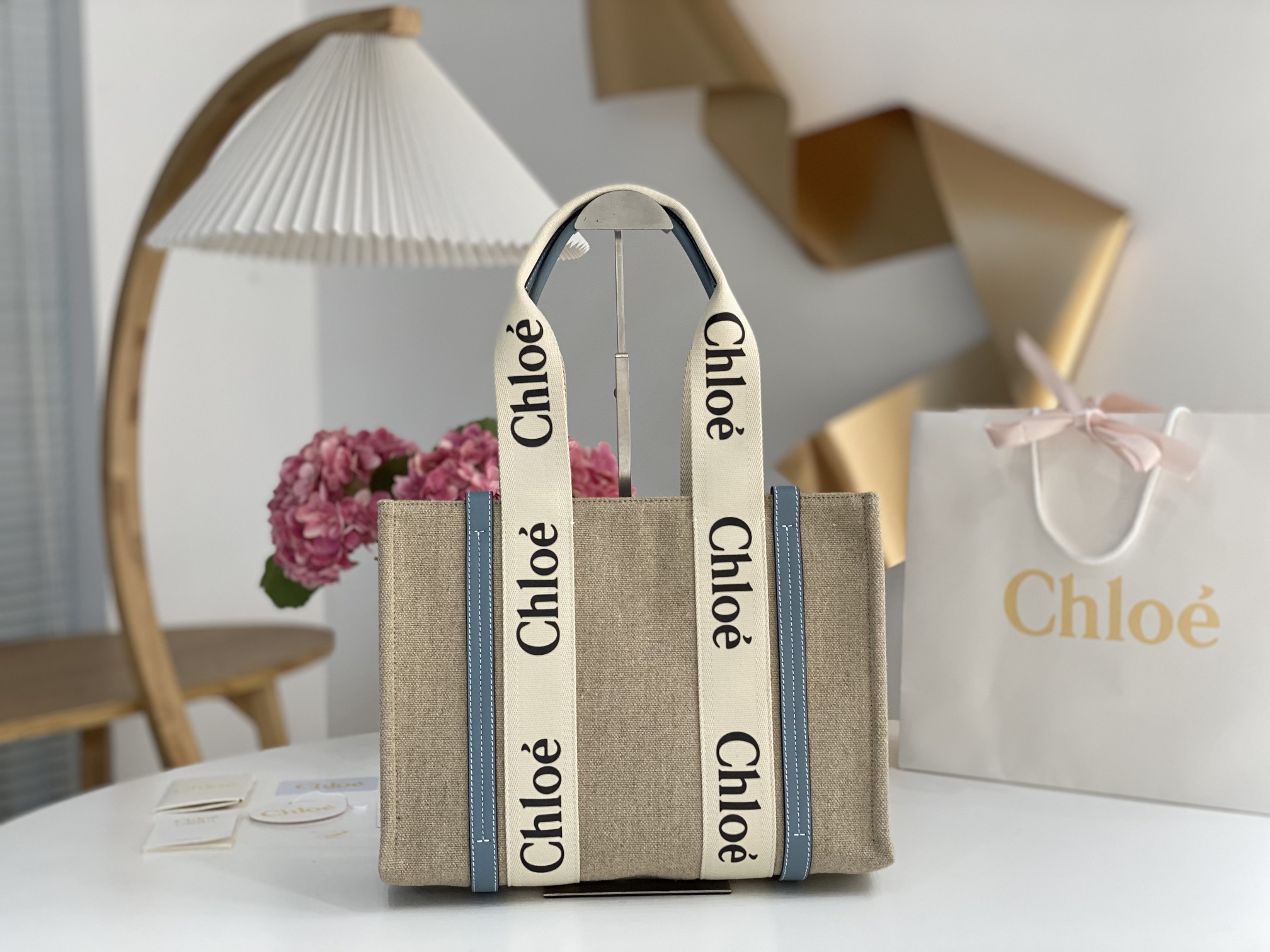 CHLOE Cotton Calfskin Medium Woody Ribbon Tote White Blue 1029921
