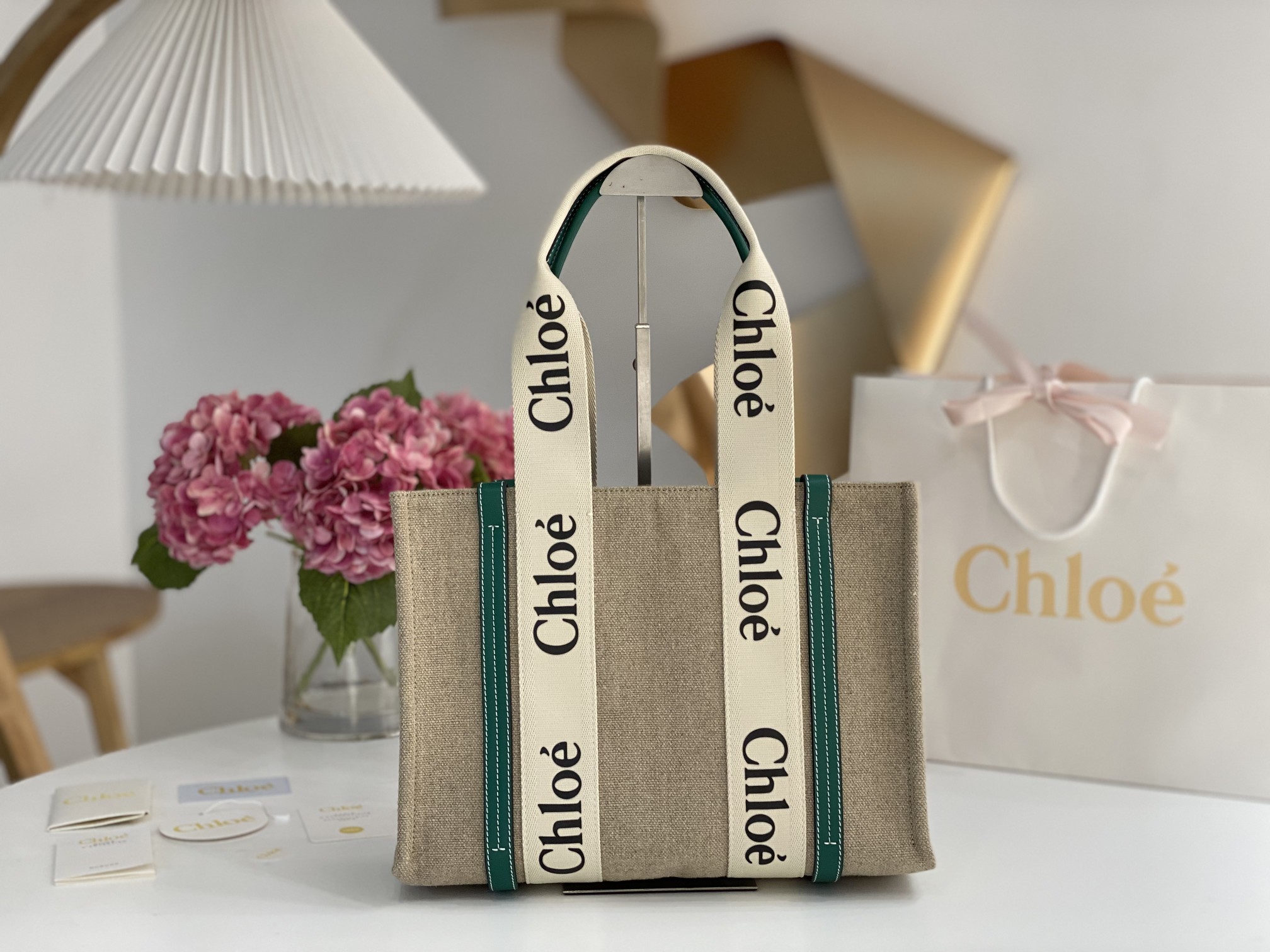 Chloe Woody Medium Tote Bag Canvas/Leather Beige/green