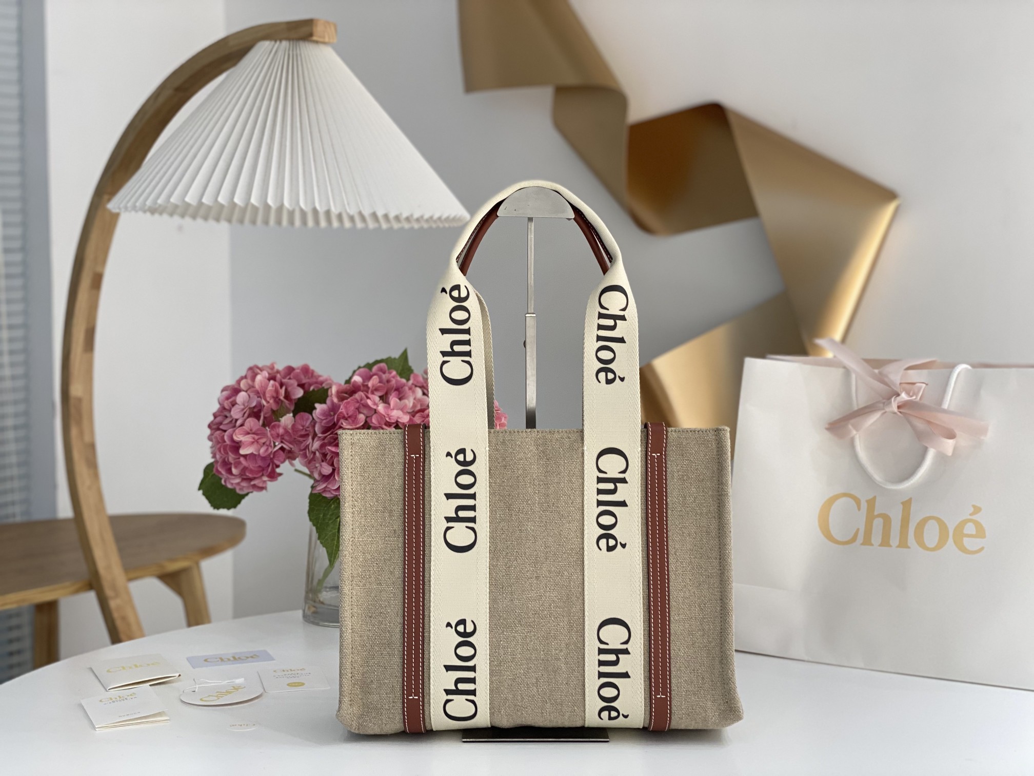 CHLOE Cotton Calfskin Medium Woody Ribbon Tote White