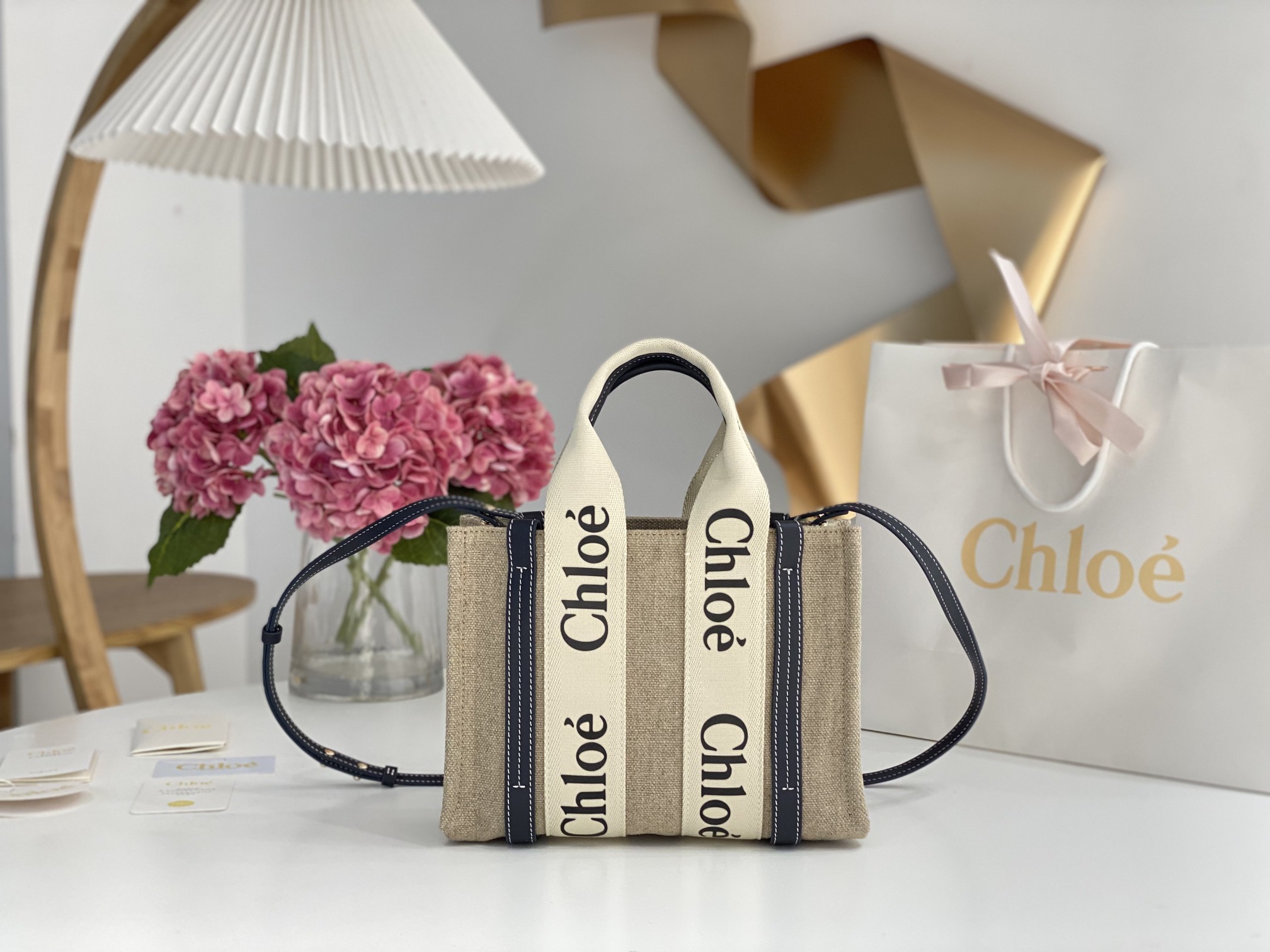 CHLOE Cotton Calfskin Mini Woody Ribbon Tote White/black Light