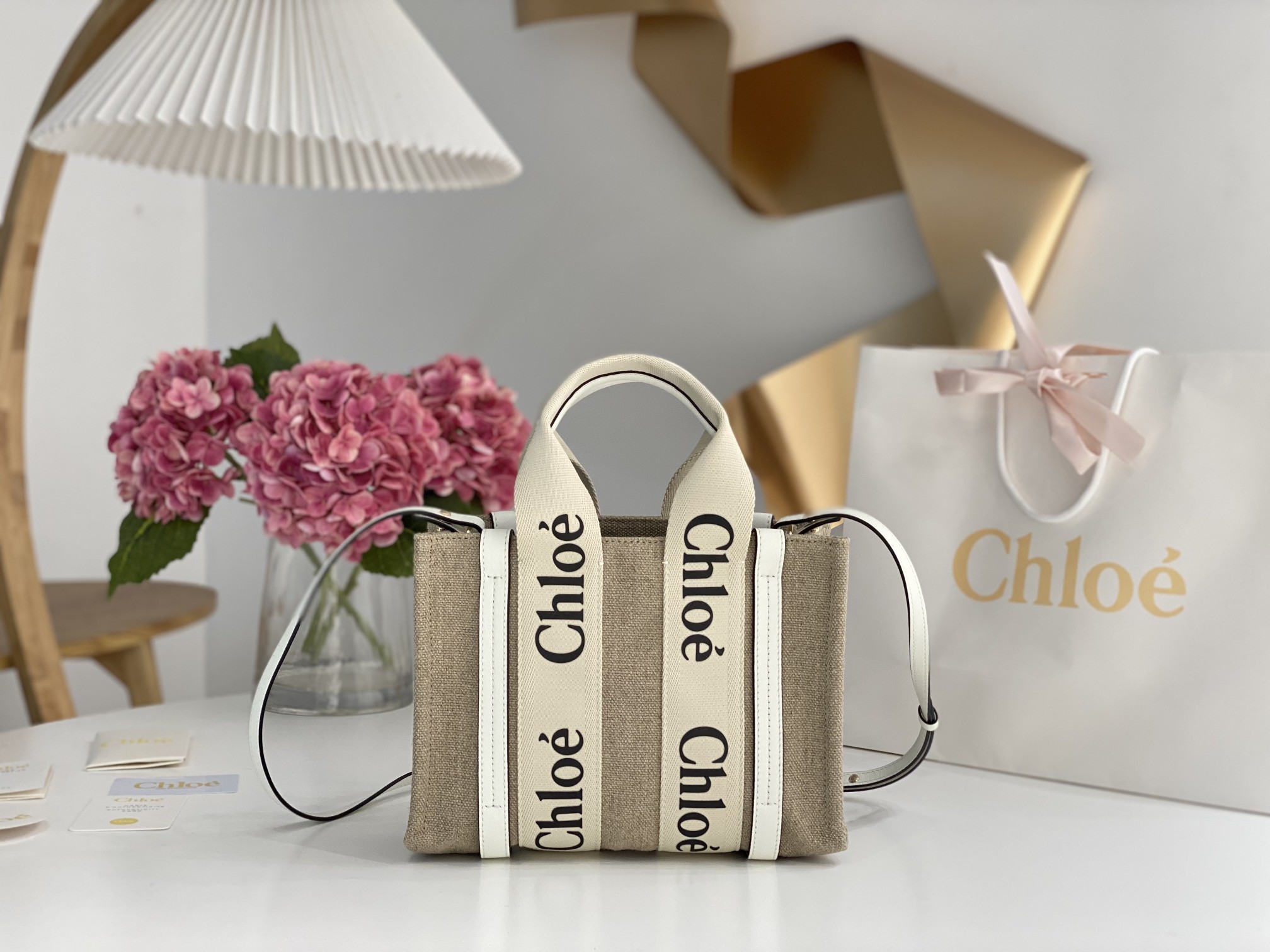 CHLOE Cotton Calfskin Mini Woody Ribbon Tote White Light