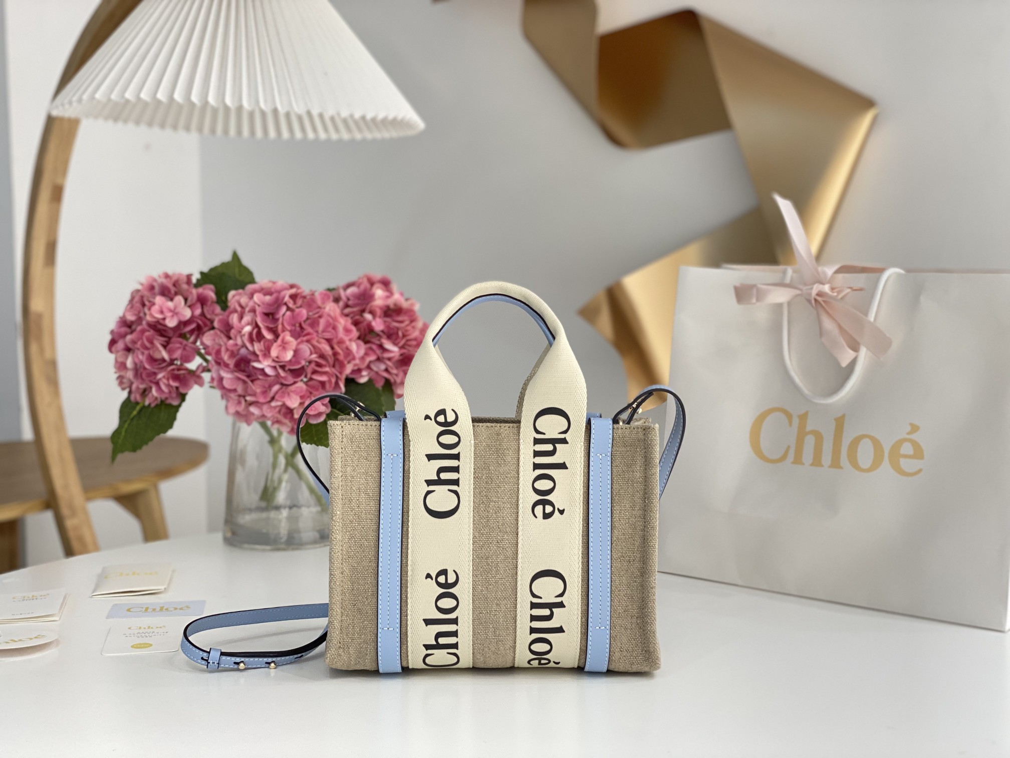 CHLOE Cotton Calfskin Mini Woody Ribbon Tote White Blue