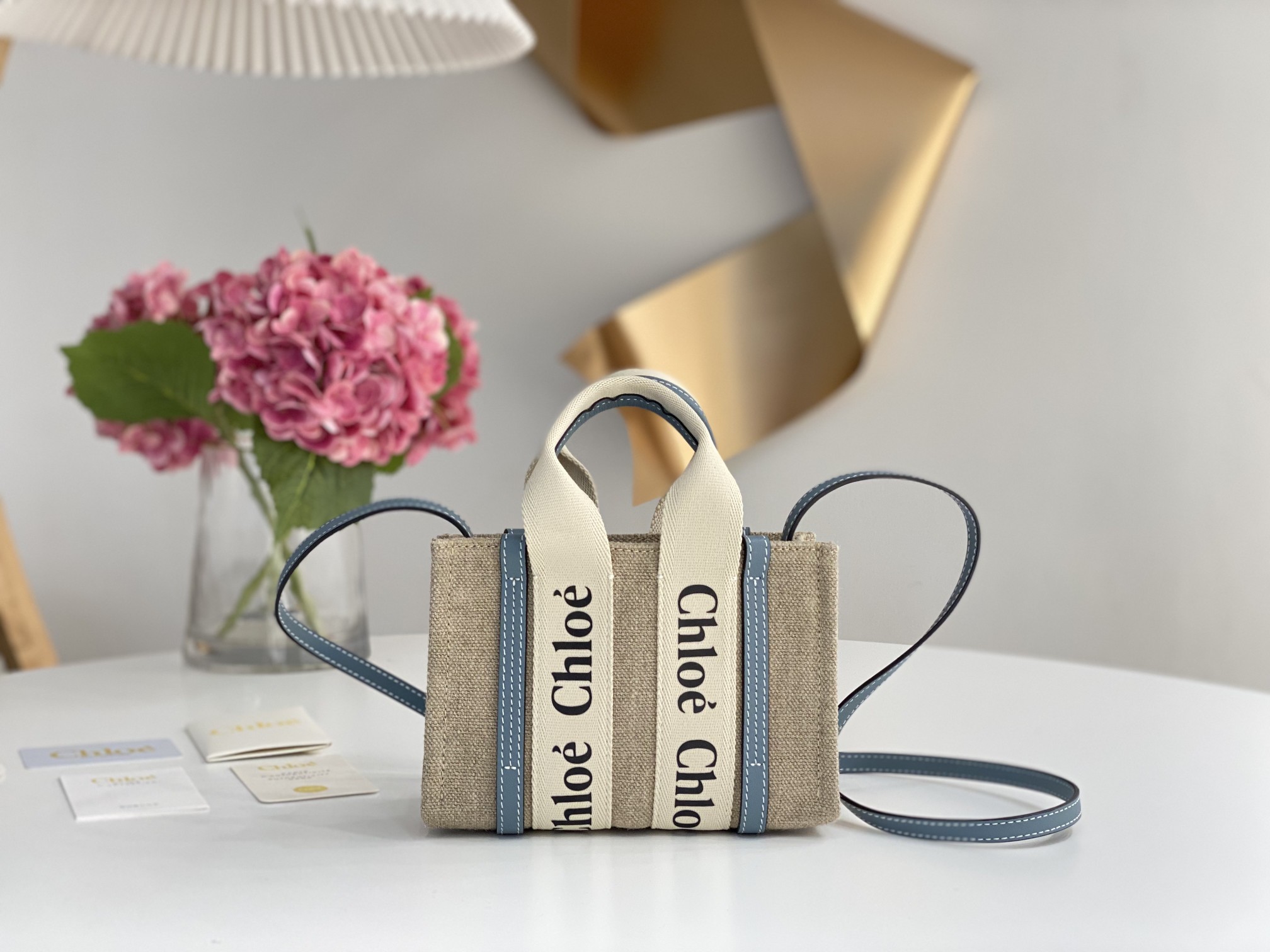 CHLOE Cotton Calfskin Mini Woody Ribbon Tote White Blue