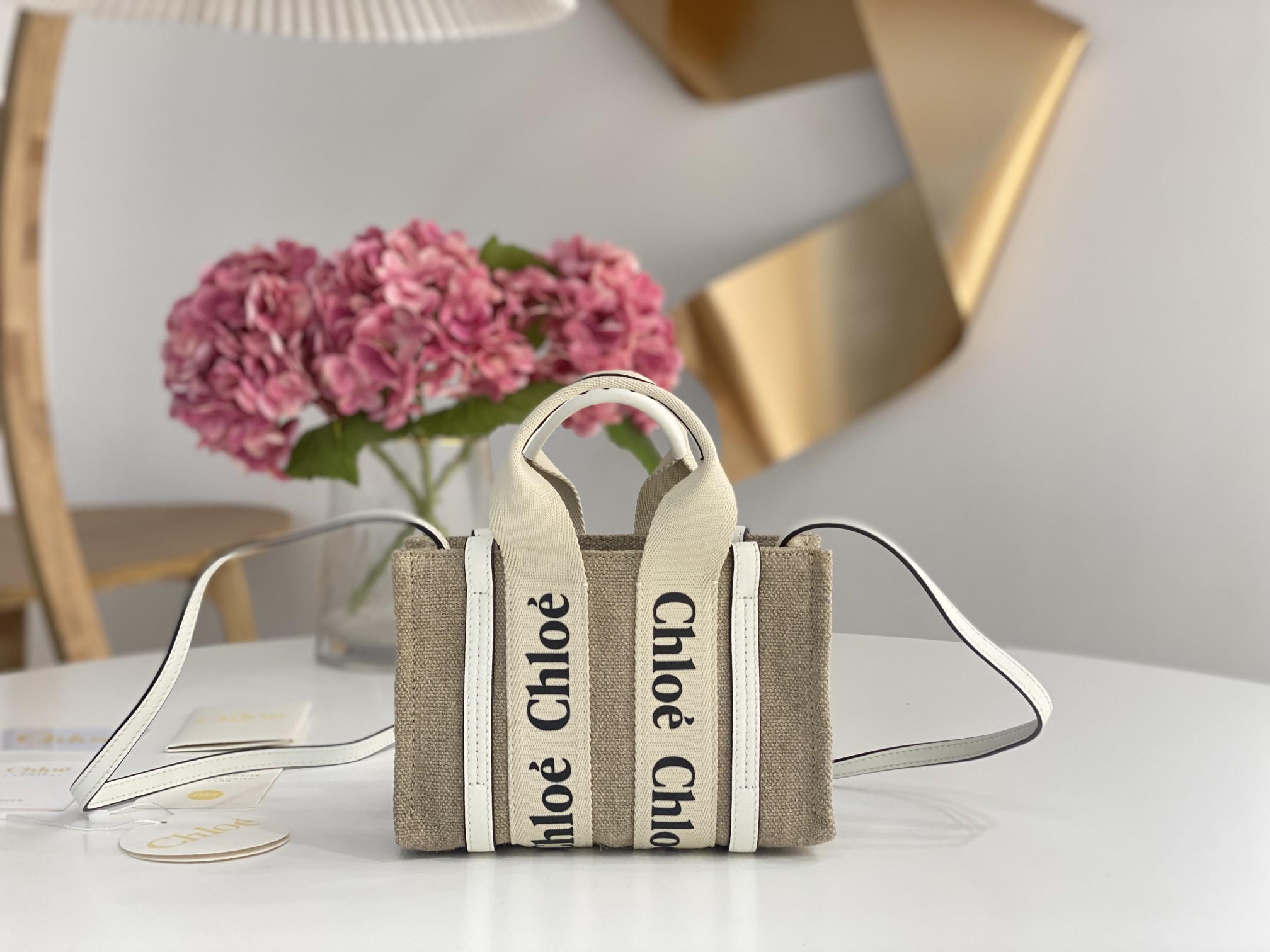 CHLOE Cotton Calfskin Mini Woody Ribbon Tote White Light