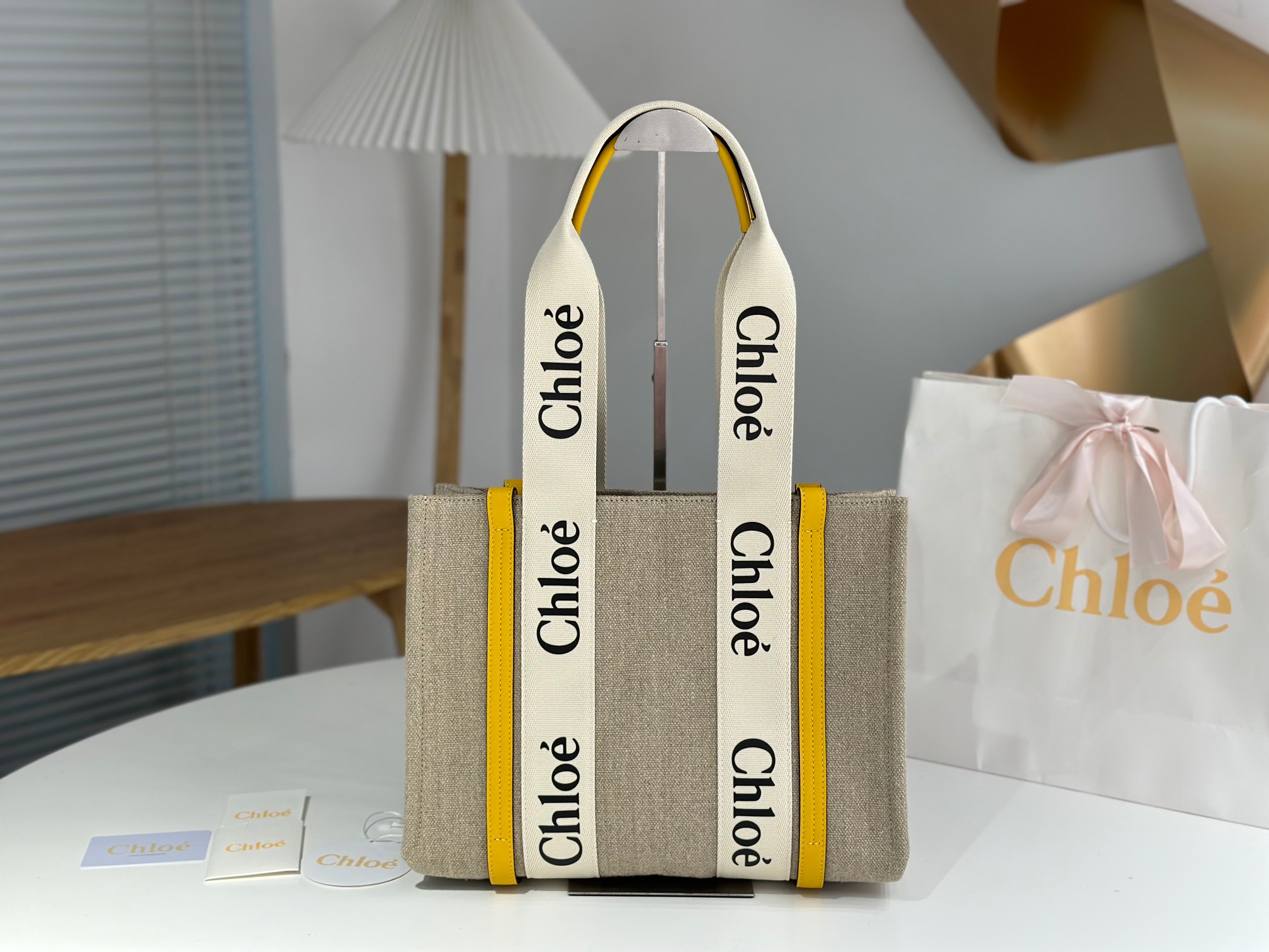 Chloe Medium Woody Tote Bag in Beige/Yellow –