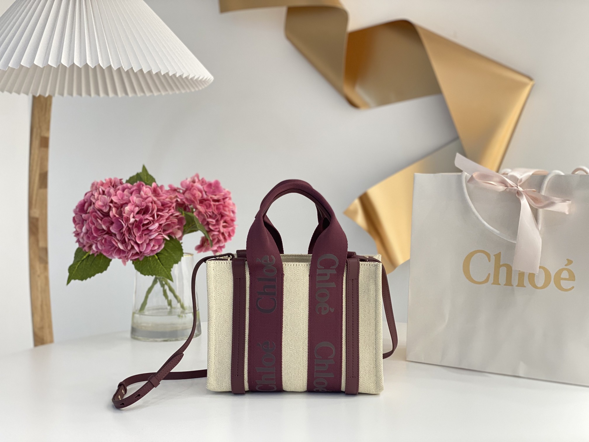 CHLOE Cotton Calfskin Small Woody Ribbon Tote With Strap Dark Ruby