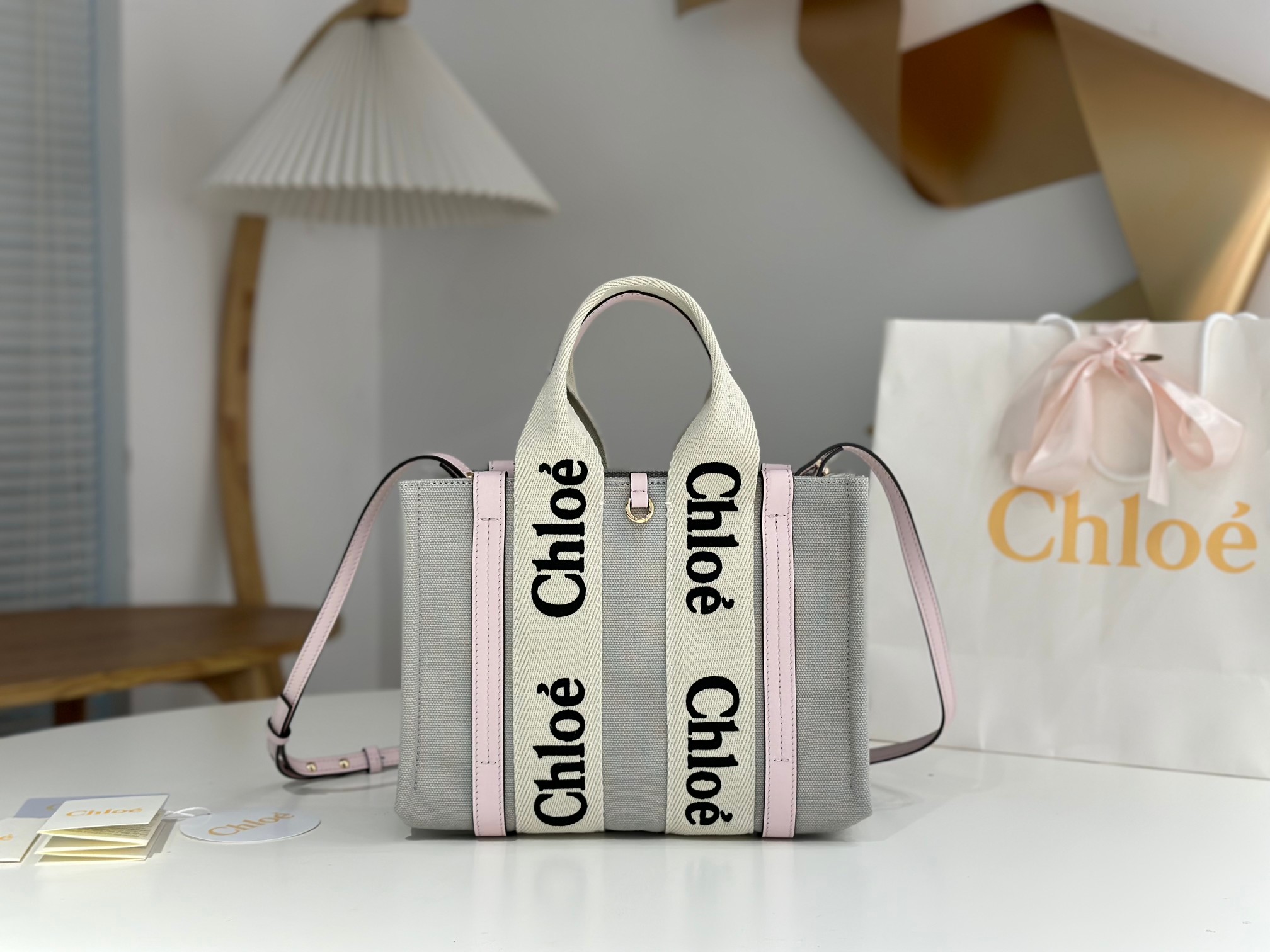 CHLOE Cotton Calfskin Small Woody Ribbon Tote With Strap Misty Lavender gray pink1521314 |
