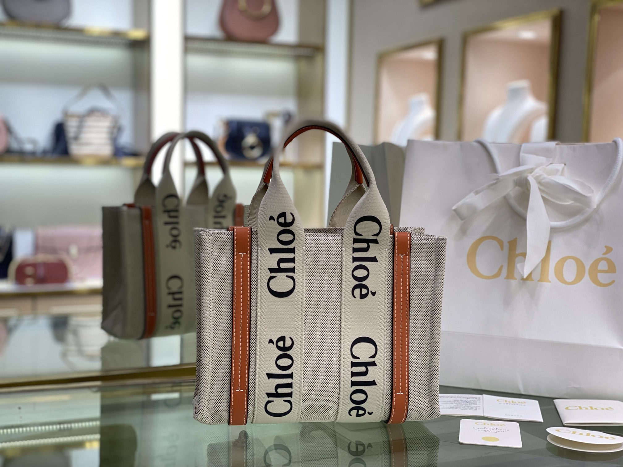 CHLOE Cotton Calfskin Medium Woody Ribbon Tote Terracotta
