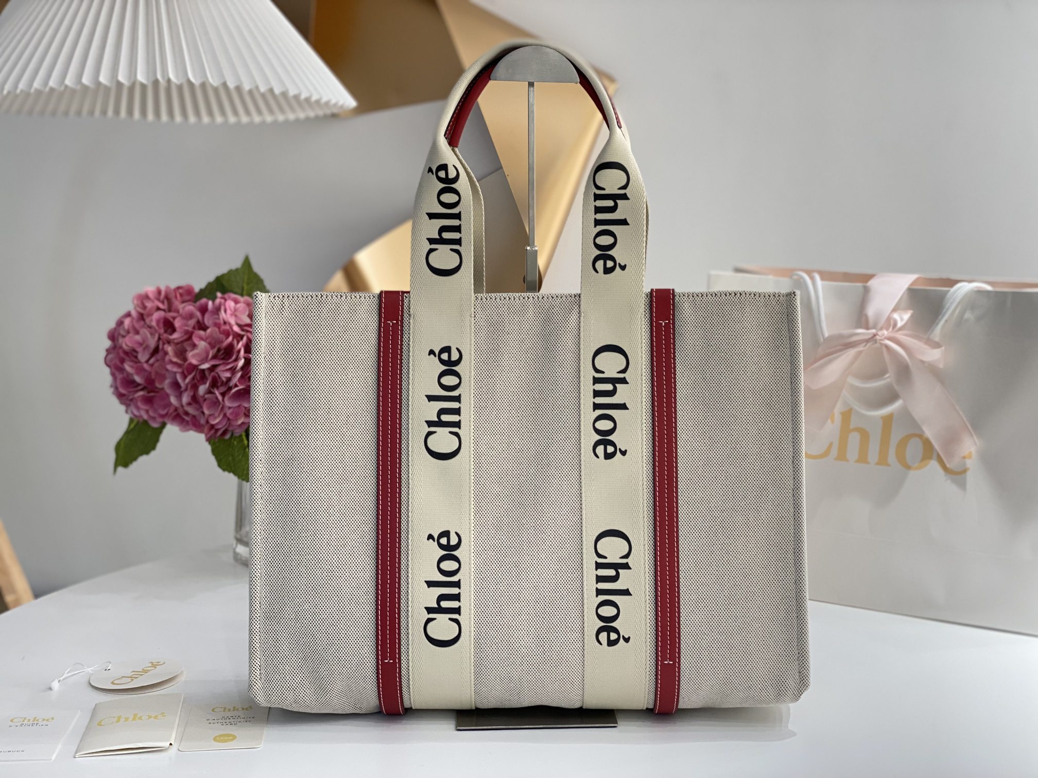 Chloe Woody Medium Tote Bag Canvas/Leather Beige/red /Brown