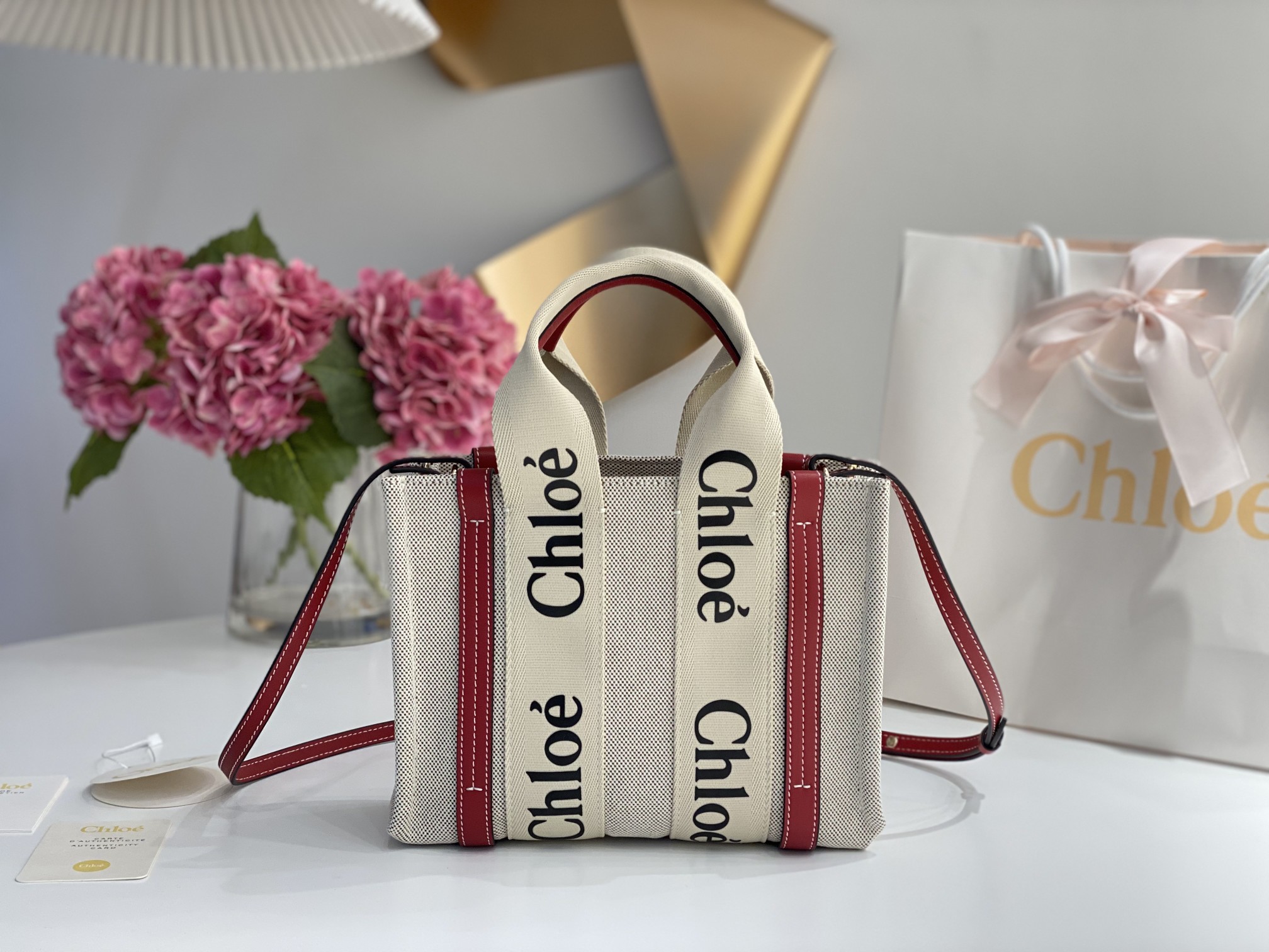 Chloé Woody Small Tote Bag Brown White Leather Linen