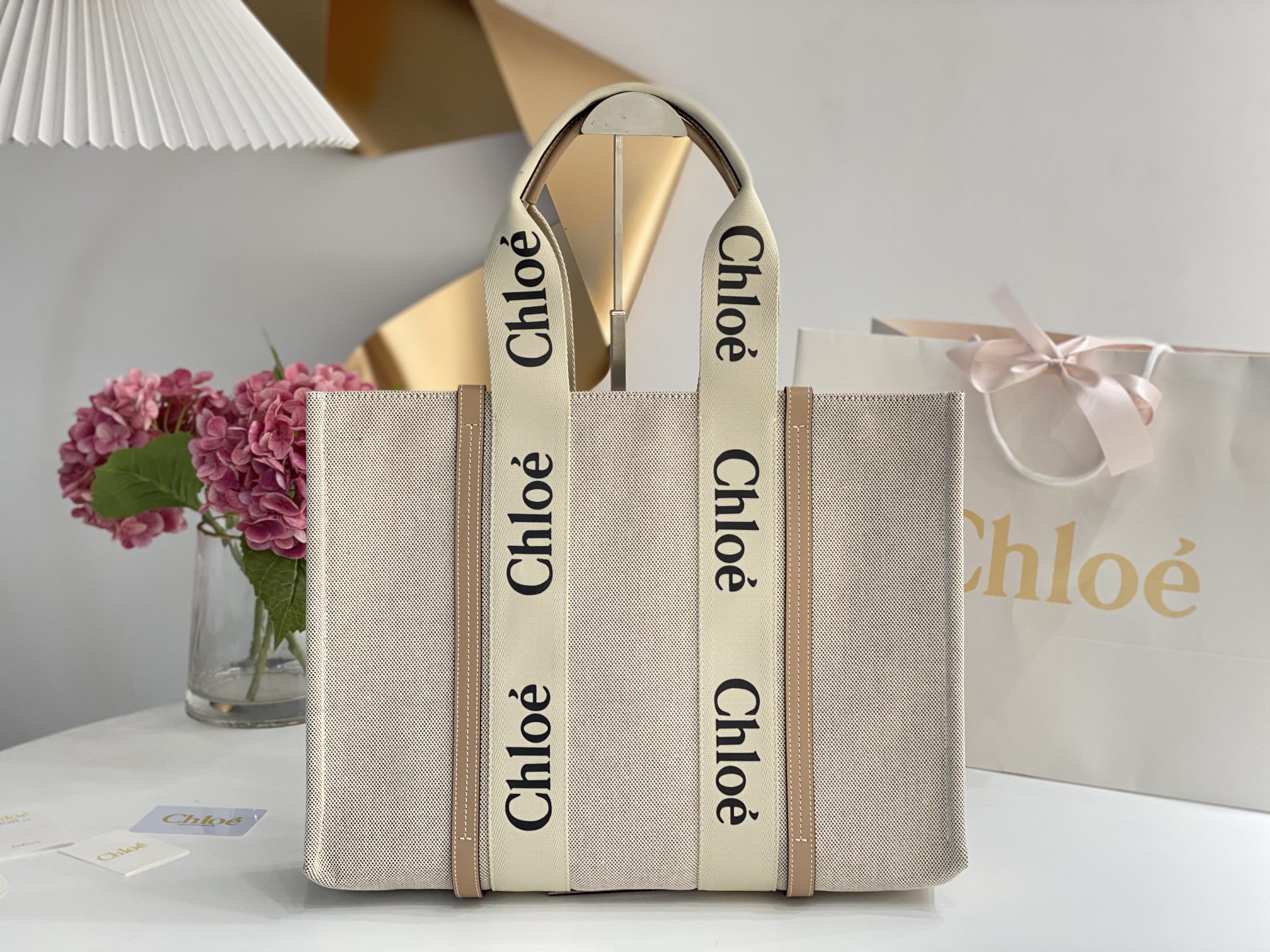 CHLOE Cotton Calfskin Medium Woody Ribbon Tote Biscotti