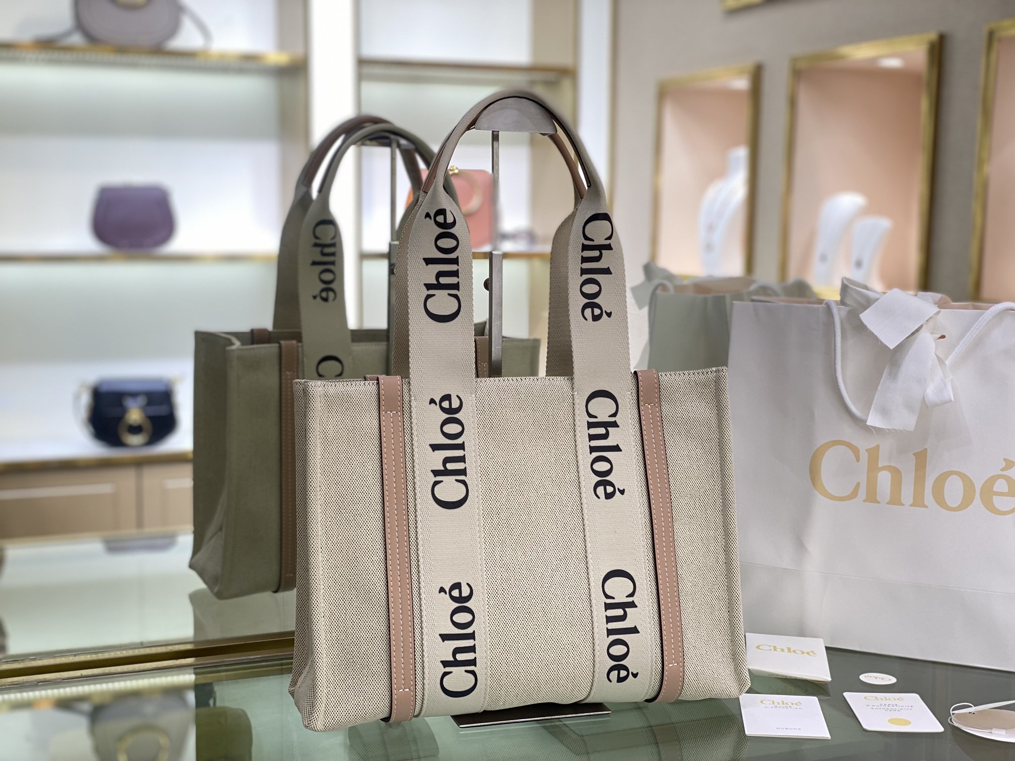 CHLOE Cotton Calfskin Medium Woody Ribbon Tote Biscotti