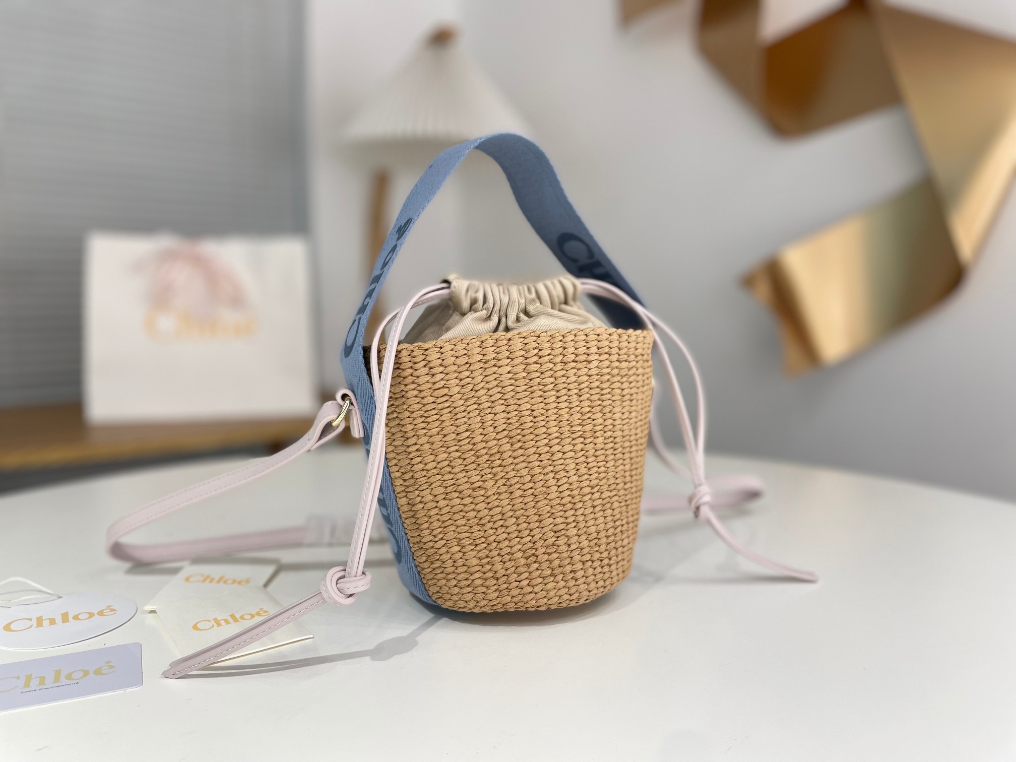 Chloé Small Woody Basket In Natural Fibers strap blue | Chloé MT