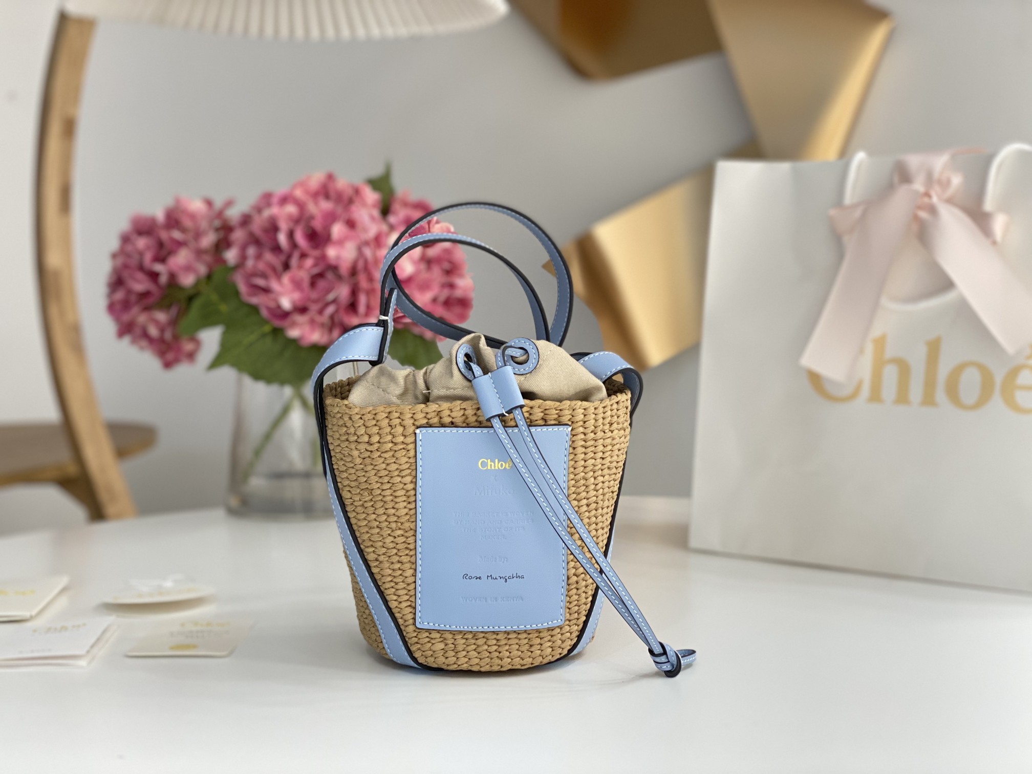 CHLOE Raffia Calfskin Small Basket Gentle Blue 1000201 |