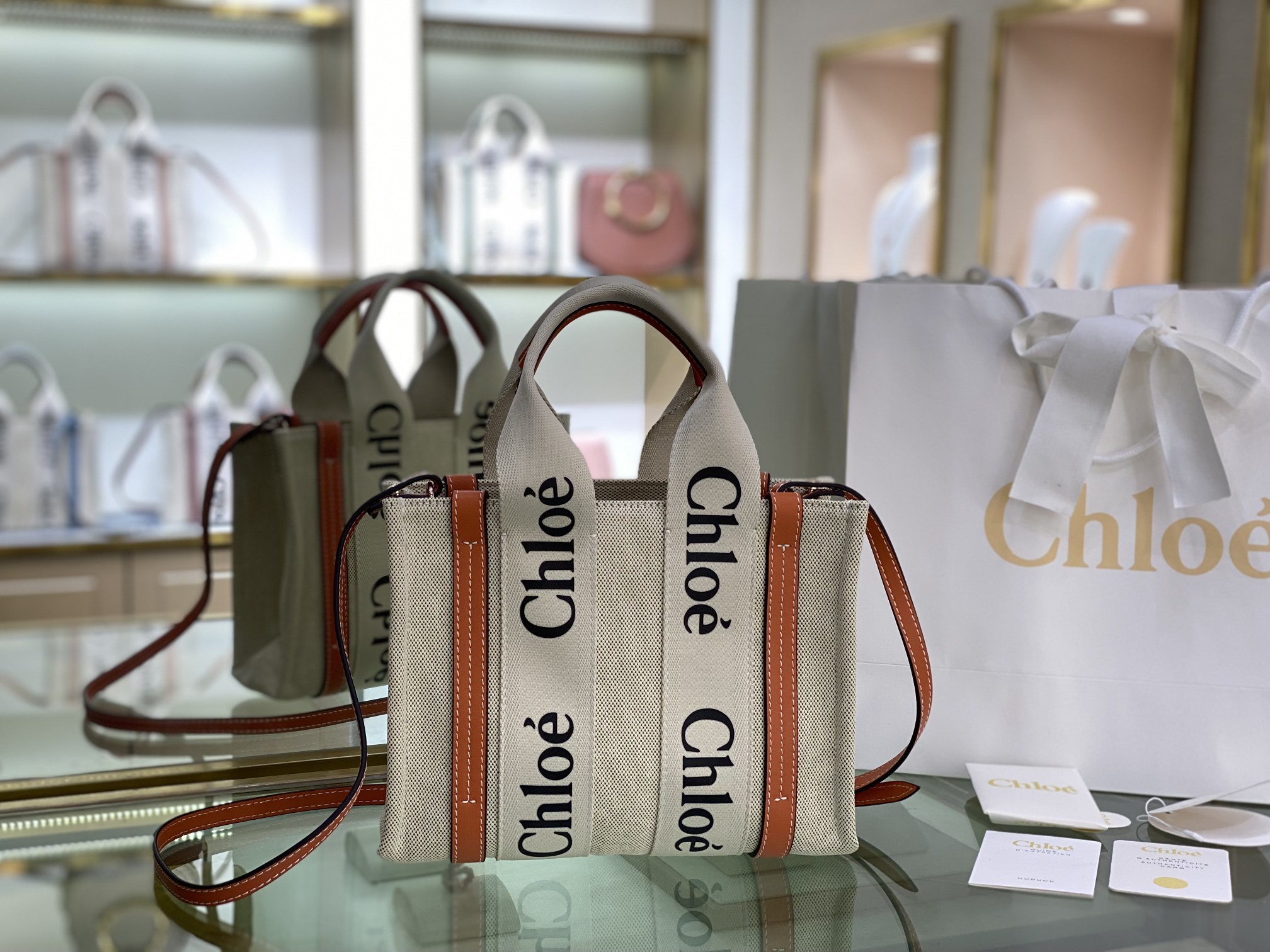Chloé Mini Woody Tote Bag In Linen & Leather in Wooden orange | Chloé